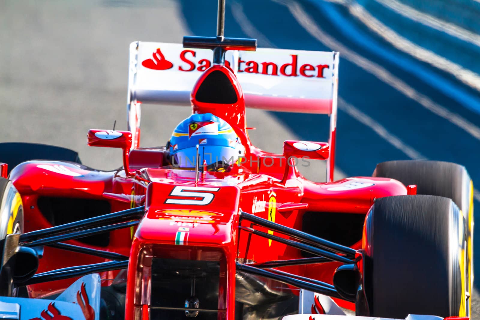 JEREZ DE LA FRONTERA, SPAIN - FEB 10: Fernando Alonso of Scuderia Ferrari F1 leaving the pit on training session on February 10 , 2012, in Jerez de la Frontera , Spain
