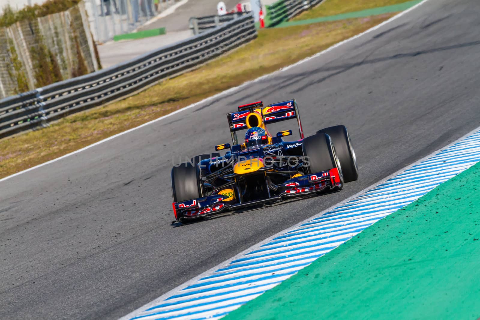 JEREZ DE LA FRONTERA, SPAIN - FEB 10: Sebastian Vettel of Red Bull F1 races on training session on February 10 , 2012, in Jerez de la Frontera , Spain