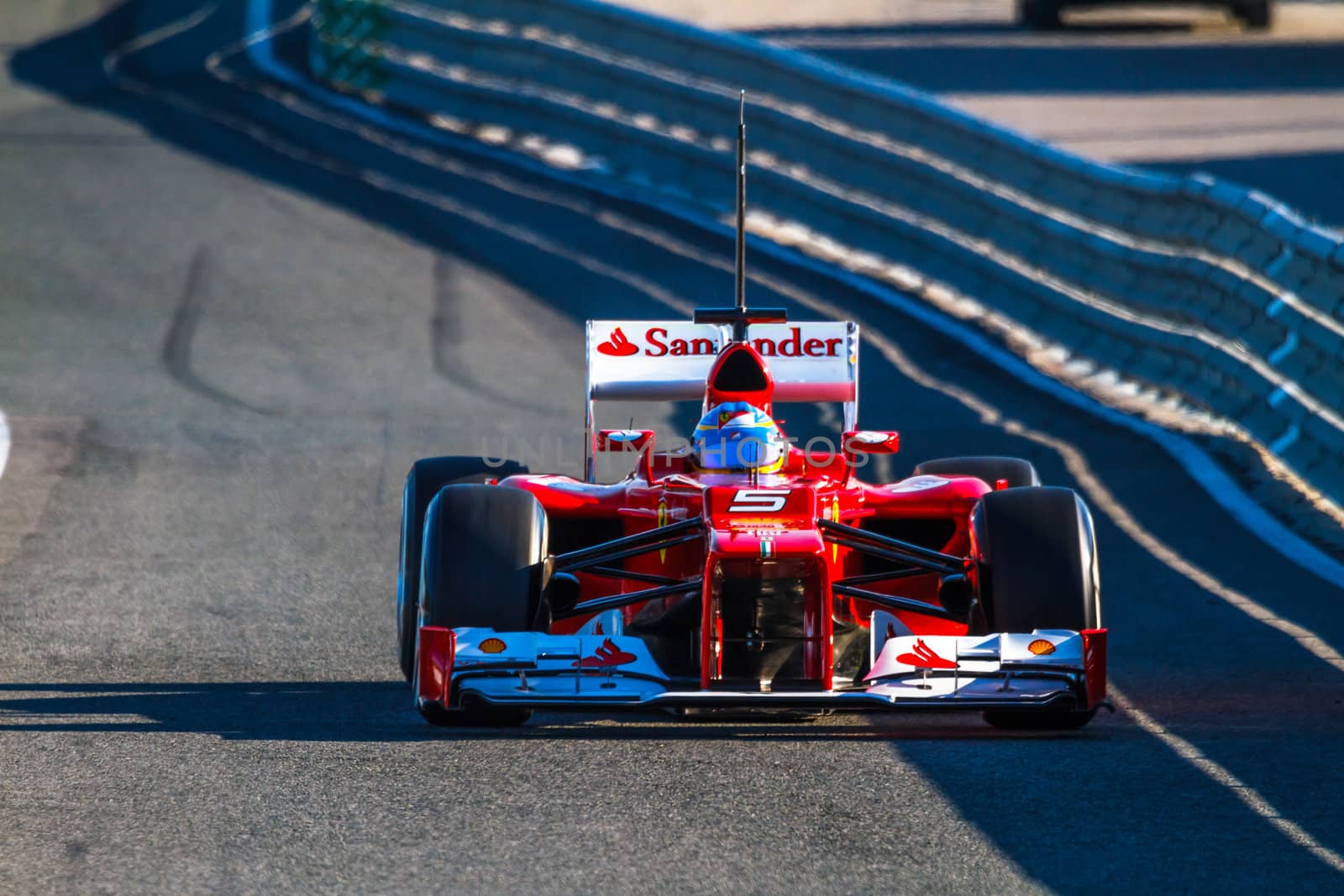 JEREZ DE LA FRONTERA, SPAIN - FEB 10: Fernando Alonso of Scuderia Ferrari F1 leaving the pit on training session on February 10 , 2012, in Jerez de la Frontera , Spain