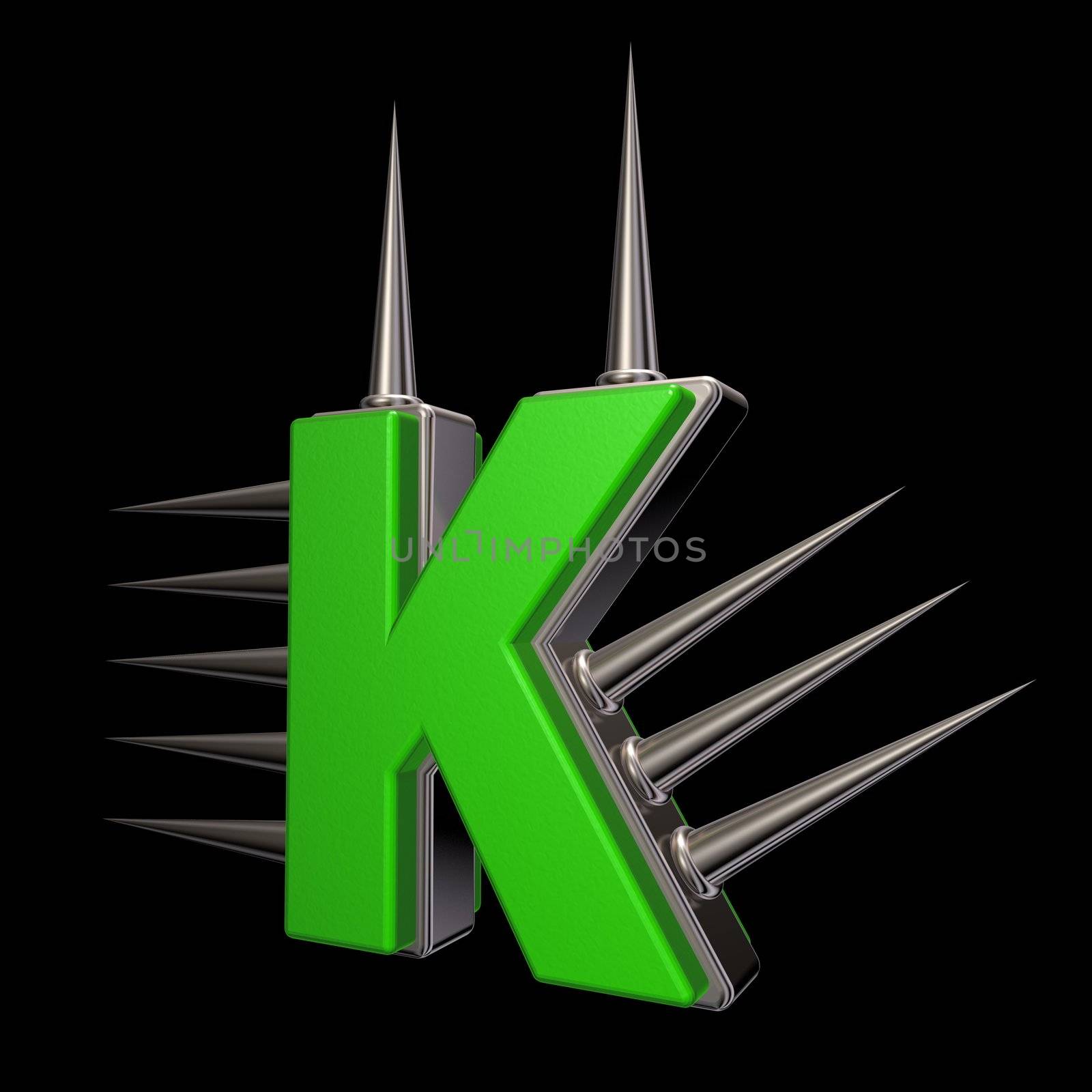 letter k with metal prickles on black background - 3d illustration