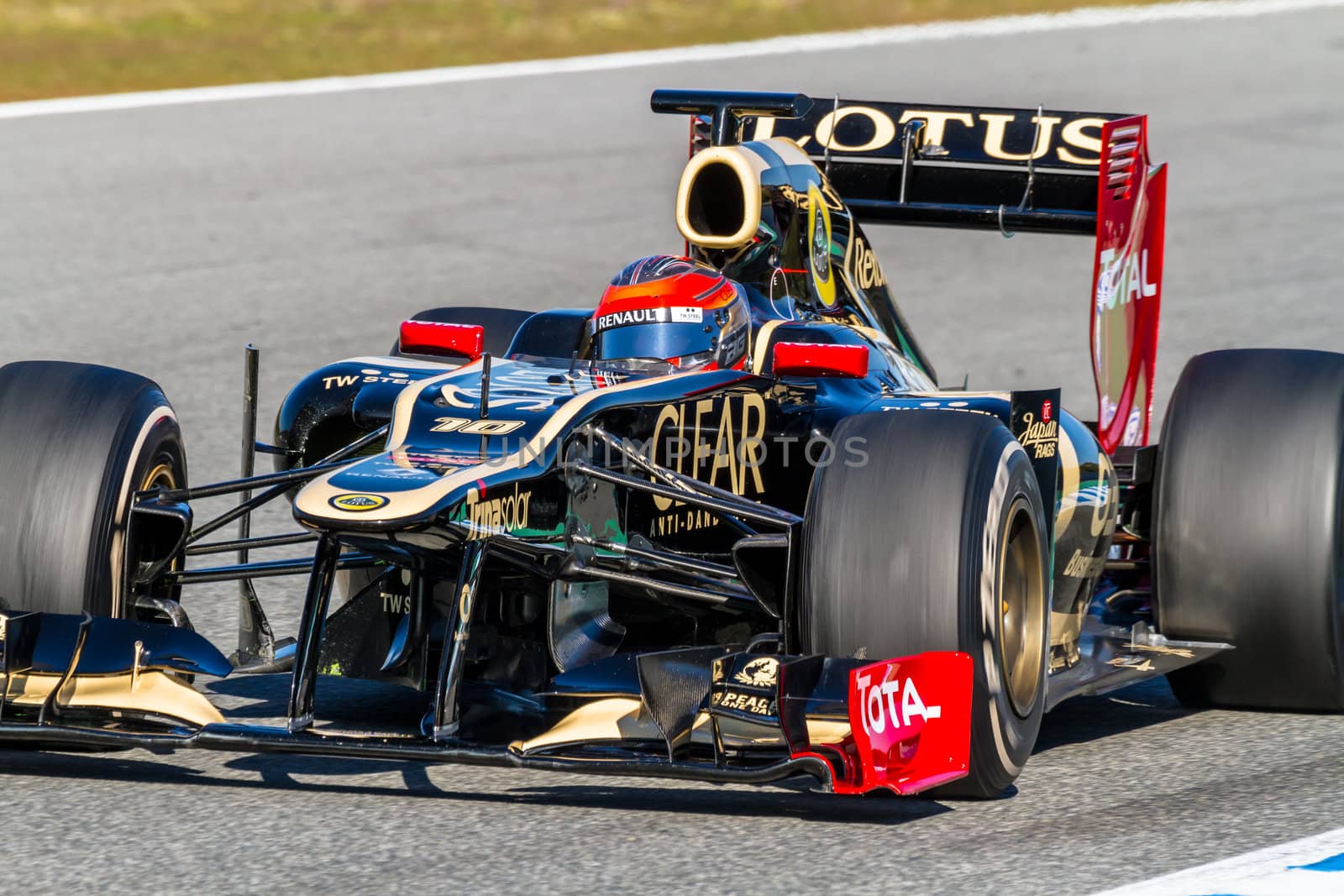 JEREZ DE LA FRONTERA, SPAIN - FEB 10: Romain Grosjean of Lotus Renault F1 races on training session on February 10 , 2012, in Jerez de la Frontera , Spain