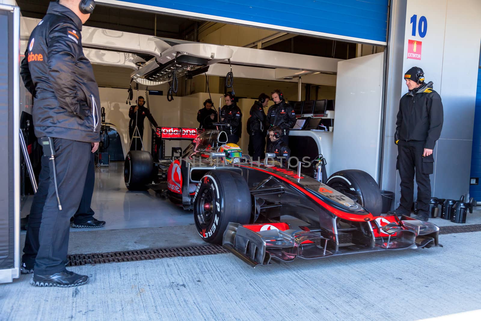 JEREZ DE LA FRONTERA, SPAIN - FEB 10: Lewis Hamilton of McLaren F1 leaving the pit on training session on February 10 , 2012, in Jerez de la Frontera , Spain