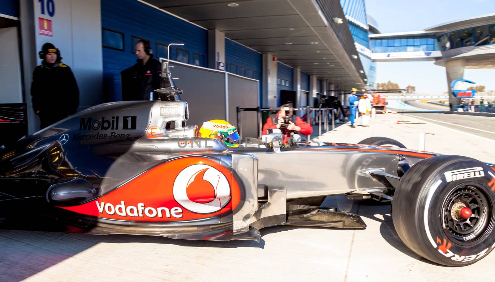 JEREZ DE LA FRONTERA, SPAIN - FEB 10: Lewis Hamilton of McLaren F1 leaving the pit on training session on February 10 , 2012, in Jerez de la Frontera , Spain