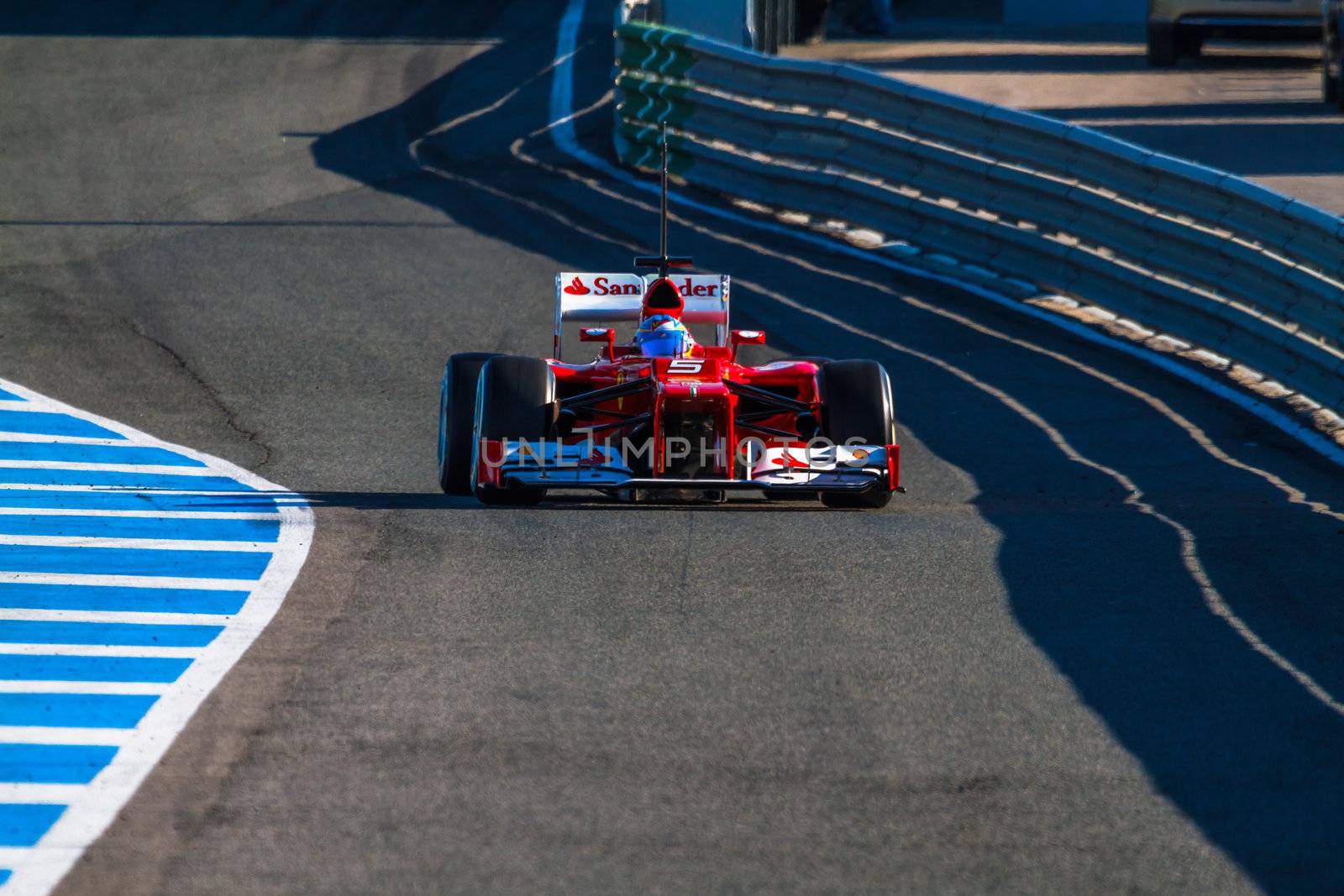 JEREZ DE LA FRONTERA, SPAIN - FEB 10: Fernando Alonso of Scuderia Ferrari F1 leaving the pit on training session on February 10 , 2012, in Jerez de la Frontera , Spain
