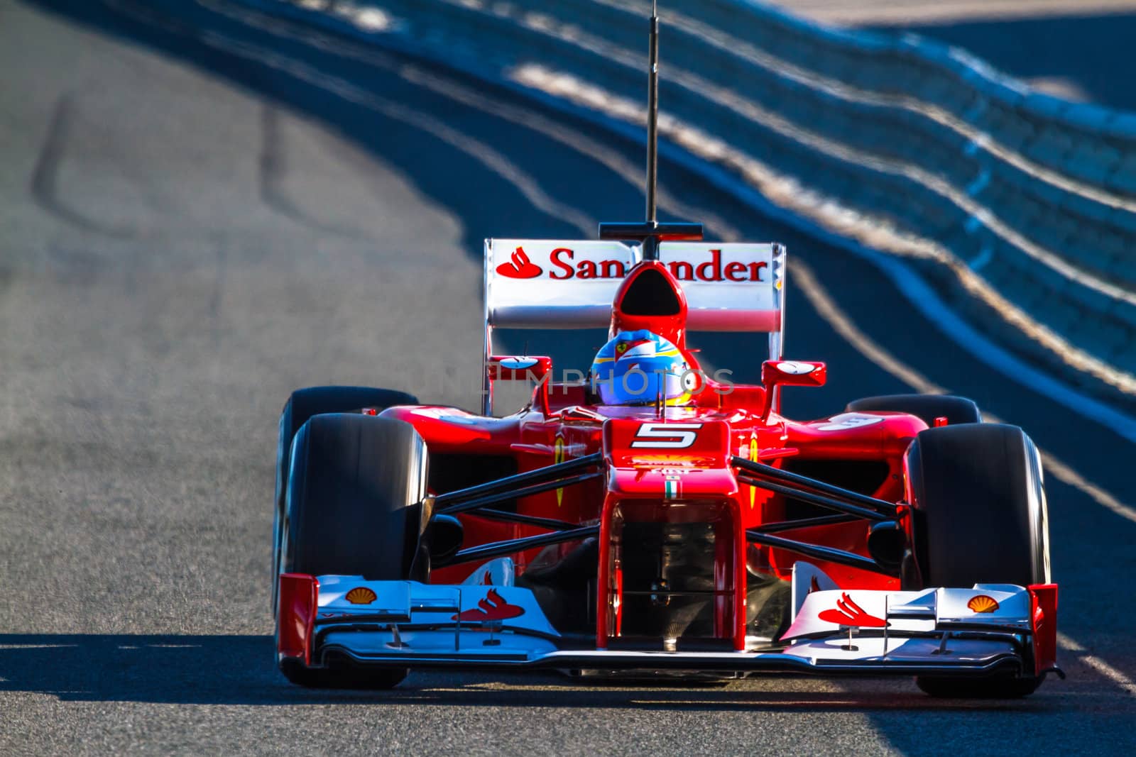 JEREZ DE LA FRONTERA, SPAIN - FEB 10: Fernando Alonso of Scuderia Ferrari F1 leaving the pit on training session on February 10 , 2012, in Jerez de la Frontera , Spain