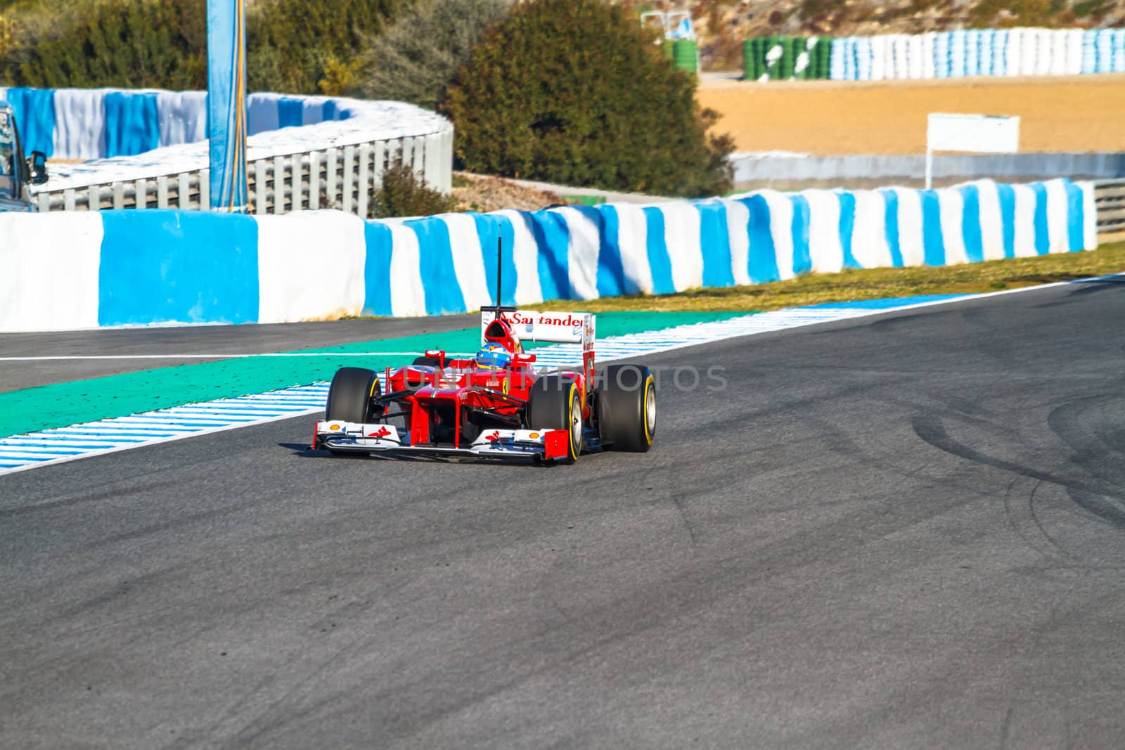 JEREZ DE LA FRONTERA, SPAIN - FEB 10: Fernando Alonso of Scuderia Ferrari F1 races on training session on February 10 , 2012, in Jerez de la Frontera , Spain