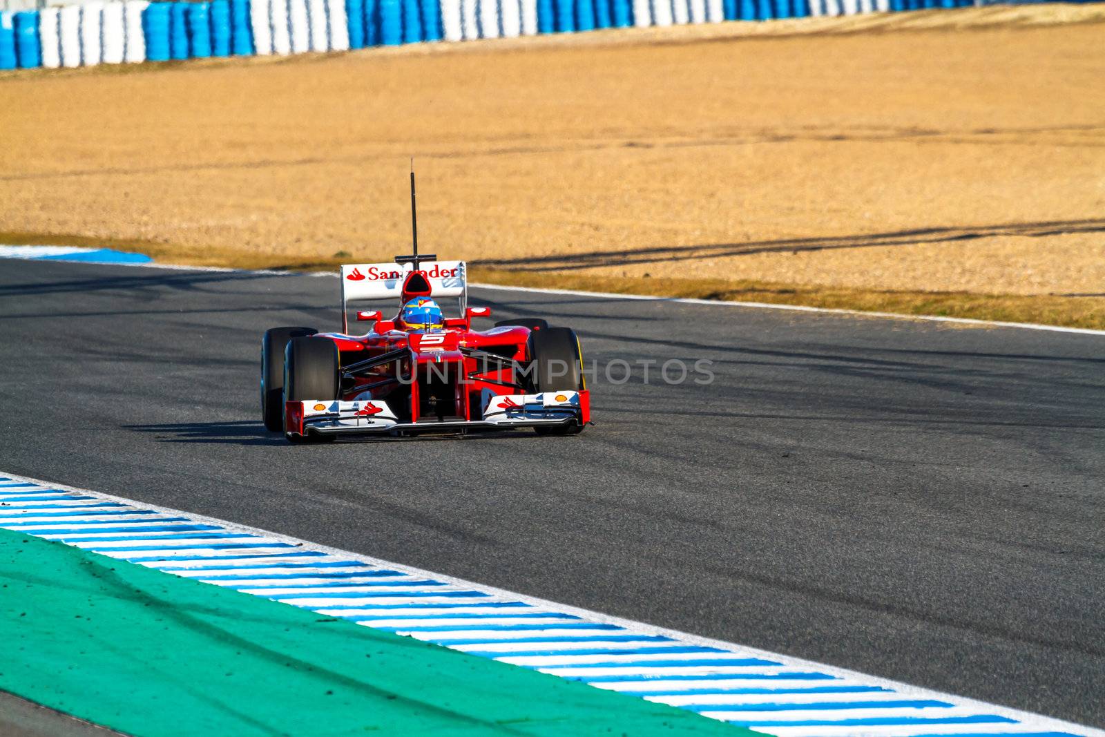 JEREZ DE LA FRONTERA, SPAIN - FEB 10: Fernando Alonso of Scuderia Ferrari F1 races on training session on February 10 , 2012, in Jerez de la Frontera , Spain