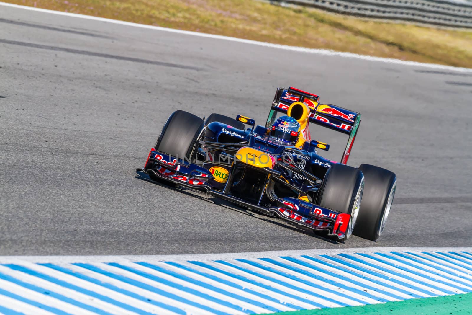 JEREZ DE LA FRONTERA, SPAIN - FEB 10: Sebastian Vettel of Red Bull F1 races on training session on February 10 , 2012, in Jerez de la Frontera , Spain
