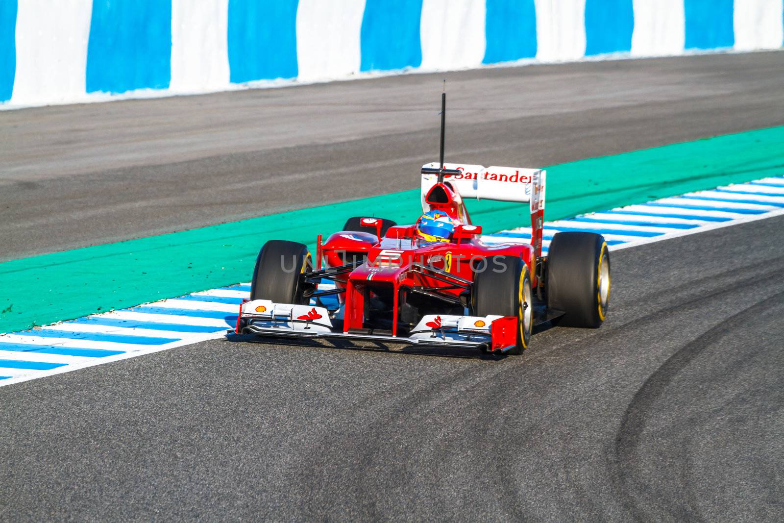 JEREZ DE LA FRONTERA, SPAIN - FEB 10: Fernando Alonso of Scuderia Ferrari F1 races on training session on February 10 , 2012, in Jerez de la Frontera , Spain