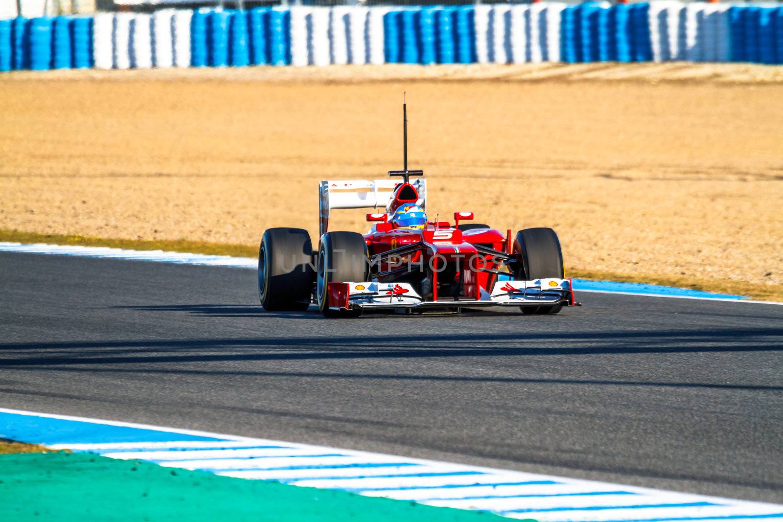 JEREZ DE LA FRONTERA, SPAIN - FEB 10: Fernando Alonso of Scuderia Ferrari F1 races on training session on February 10 , 2012, in Jerez de la Frontera , Spain