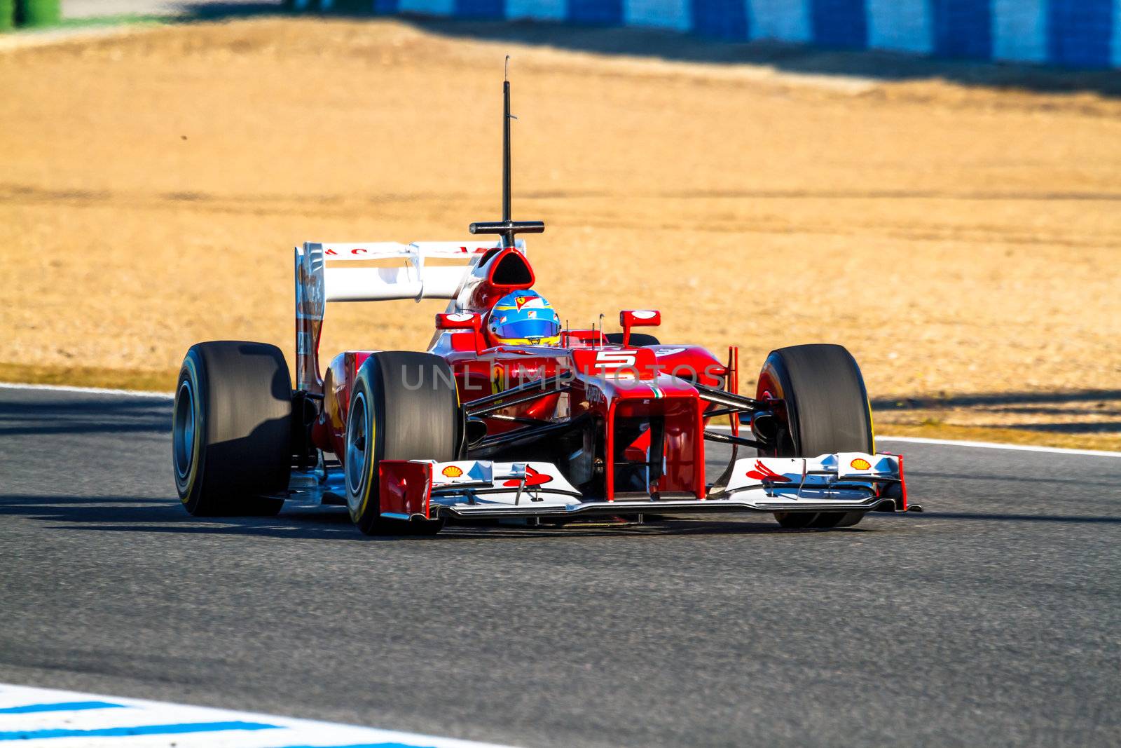 JEREZ DE LA FRONTERA, SPAIN - FEB 10: Fernando Alonso of Scuderia Ferrari F1 races on training session on February 10 , 2012, in Jerez de la Frontera , Spain