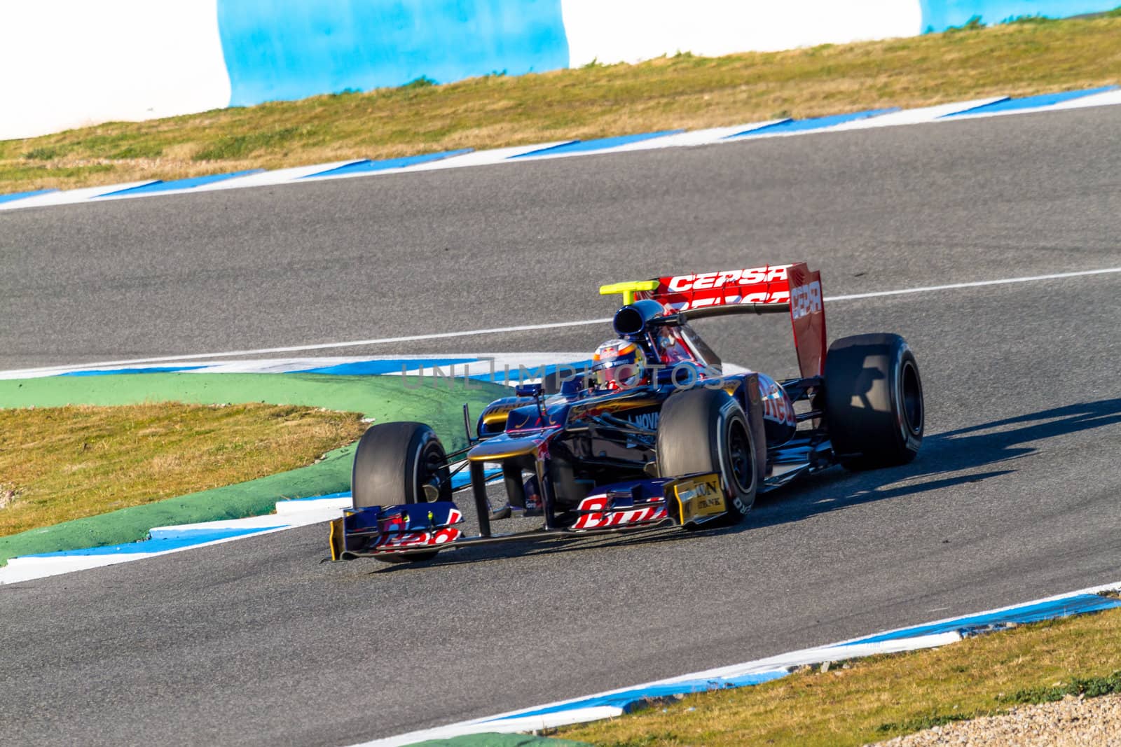 JEREZ DE LA FRONTERA, SPAIN - FEB 10: Jean Eric Vergne of Toro Rosso F1 races on training session on February 10 , 2012, in Jerez de la Frontera , Spain