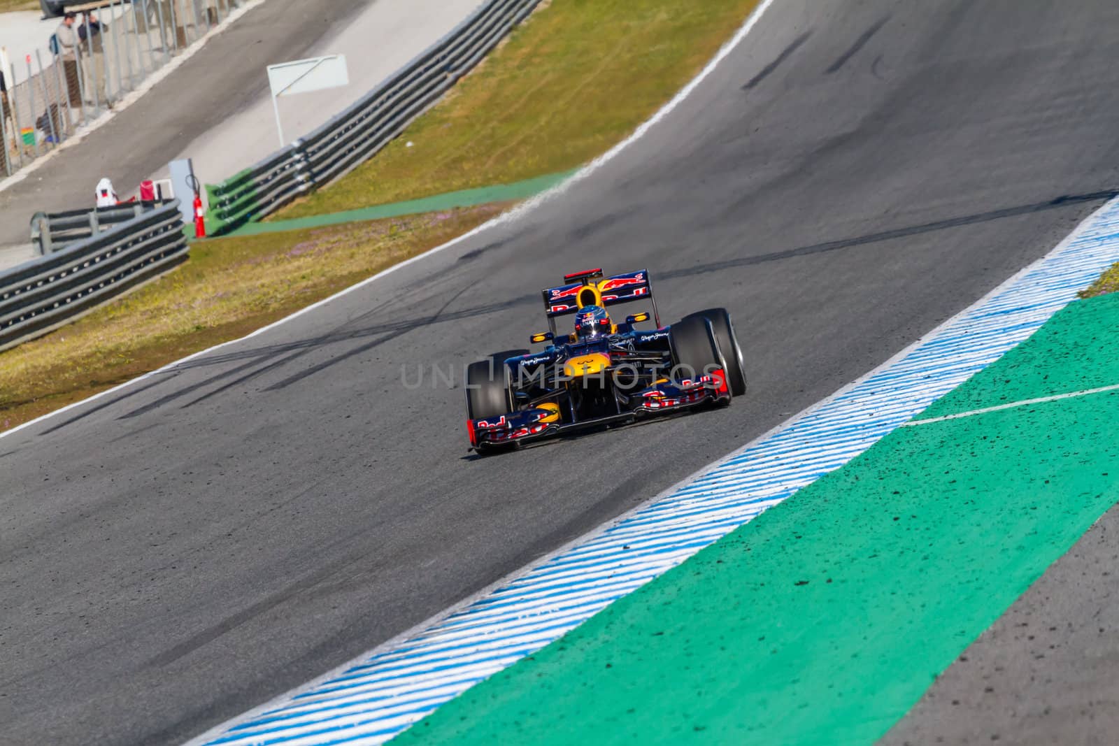 JEREZ DE LA FRONTERA, SPAIN - FEB 10: Sebastian Vettel of Red Bull F1 races on training session on February 10 , 2012, in Jerez de la Frontera , Spain