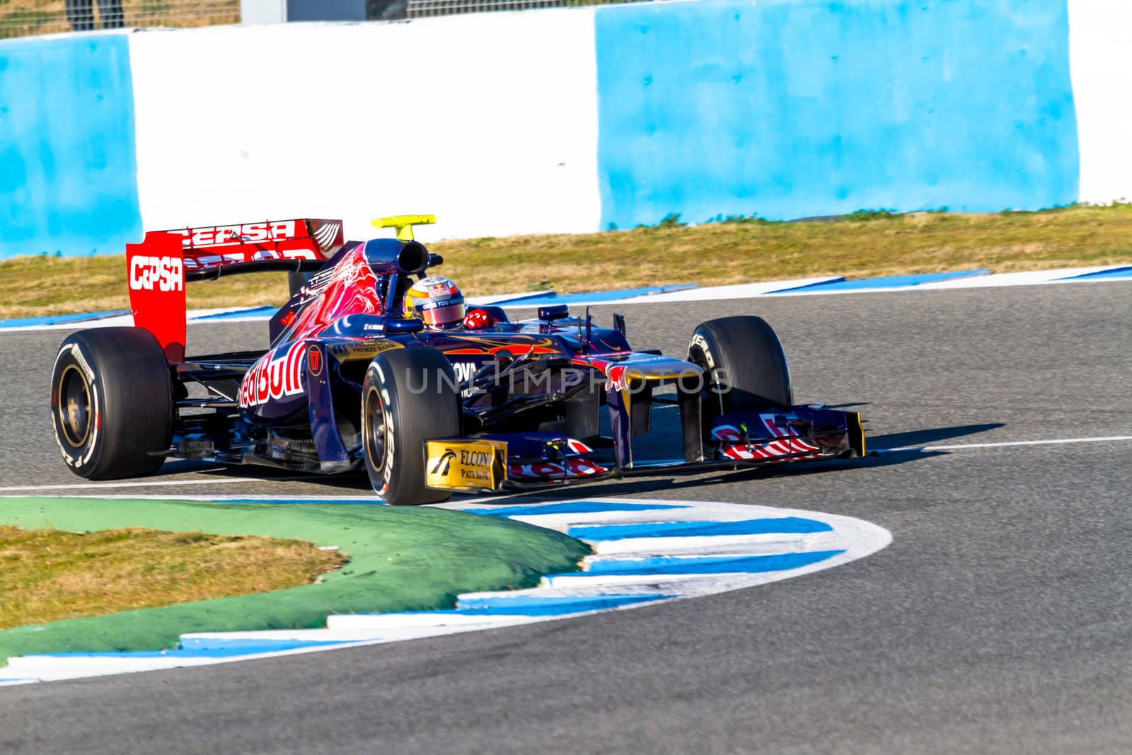 JEREZ DE LA FRONTERA, SPAIN - FEB 10: Jean Eric Vergne of Toro Rosso F1 races on training session on February 10 , 2012, in Jerez de la Frontera , Spain