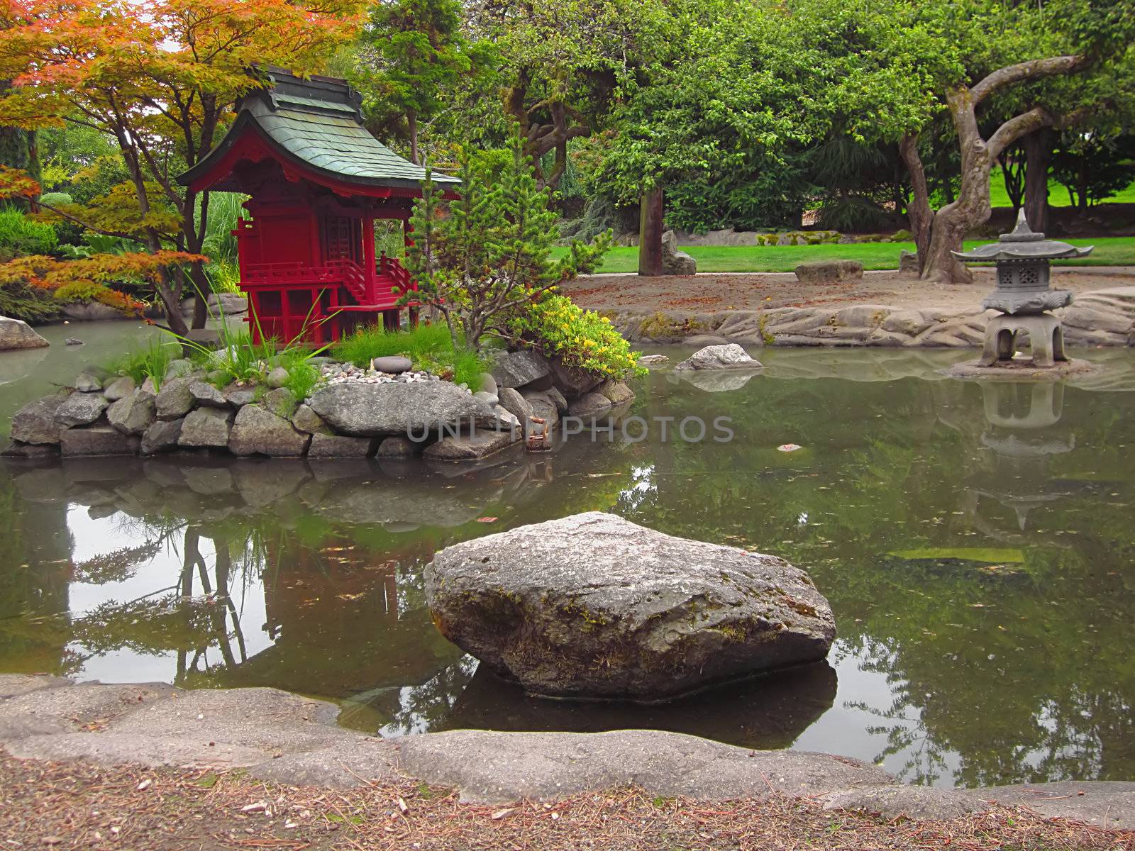 A photograph of an Asian style garden located at a public park.