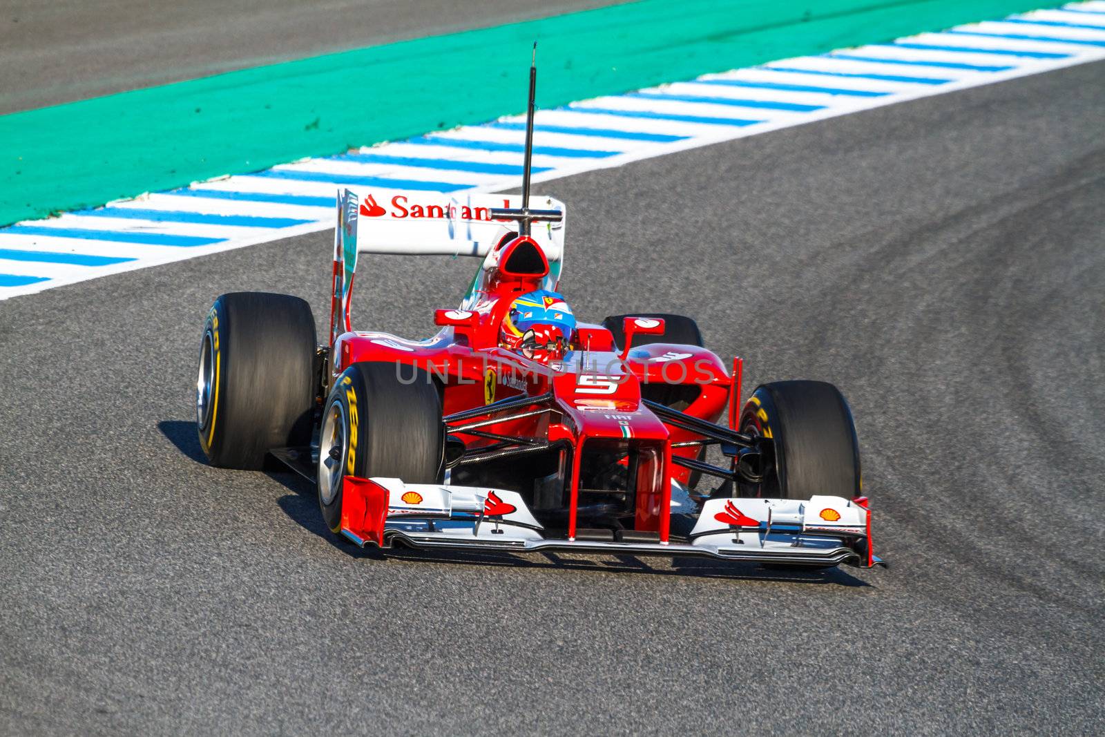 JEREZ DE LA FRONTERA, SPAIN - FEB 10: Fernando Alonso of Scuderia Ferrari F1 races on training session on February 10 , 2012, in Jerez de la Frontera , Spain