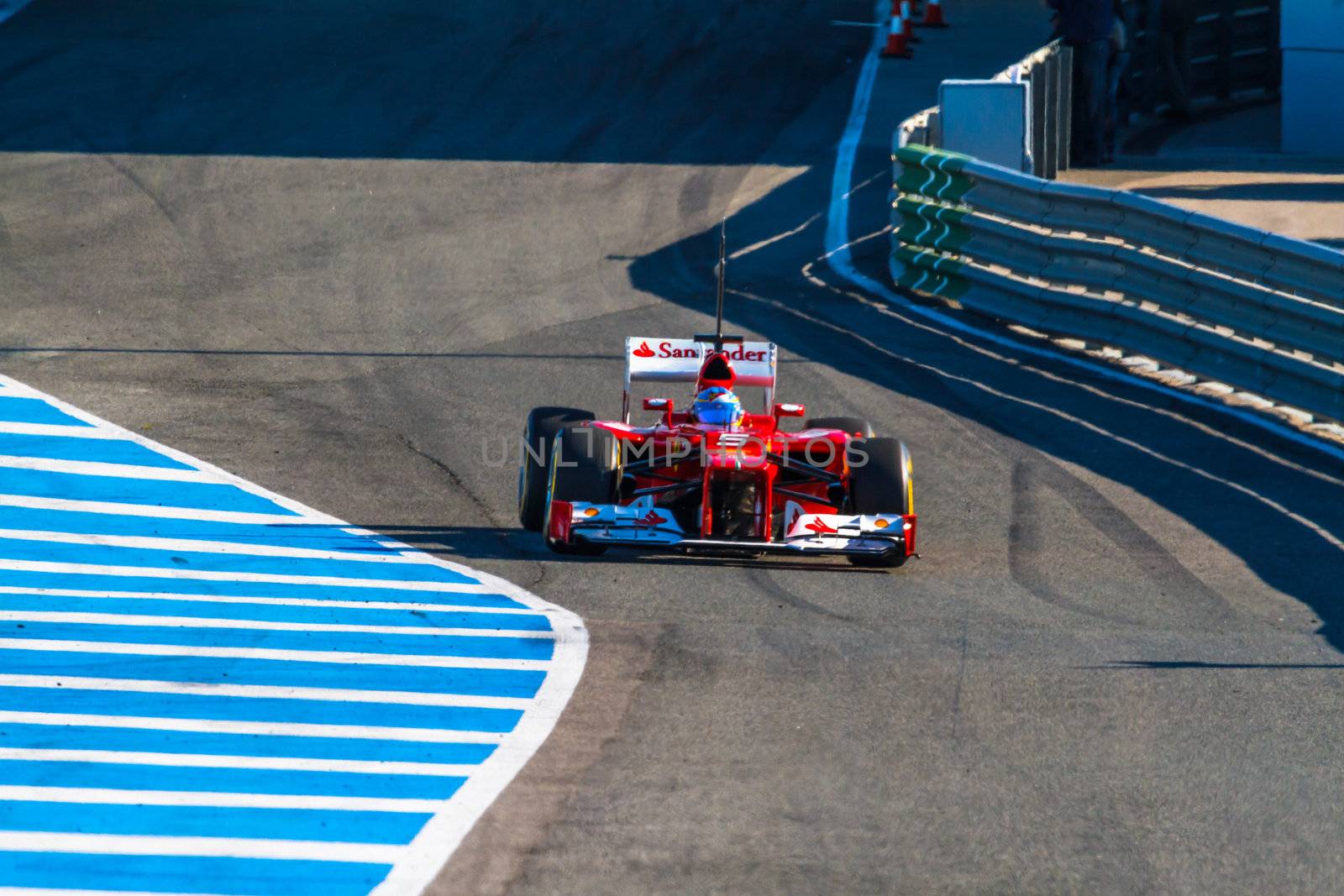 JEREZ DE LA FRONTERA, SPAIN - FEB 10: Fernando Alonso of Scuderia Ferrari F1 leaving the pit on training session on February 10 , 2012, in Jerez de la Frontera , Spain