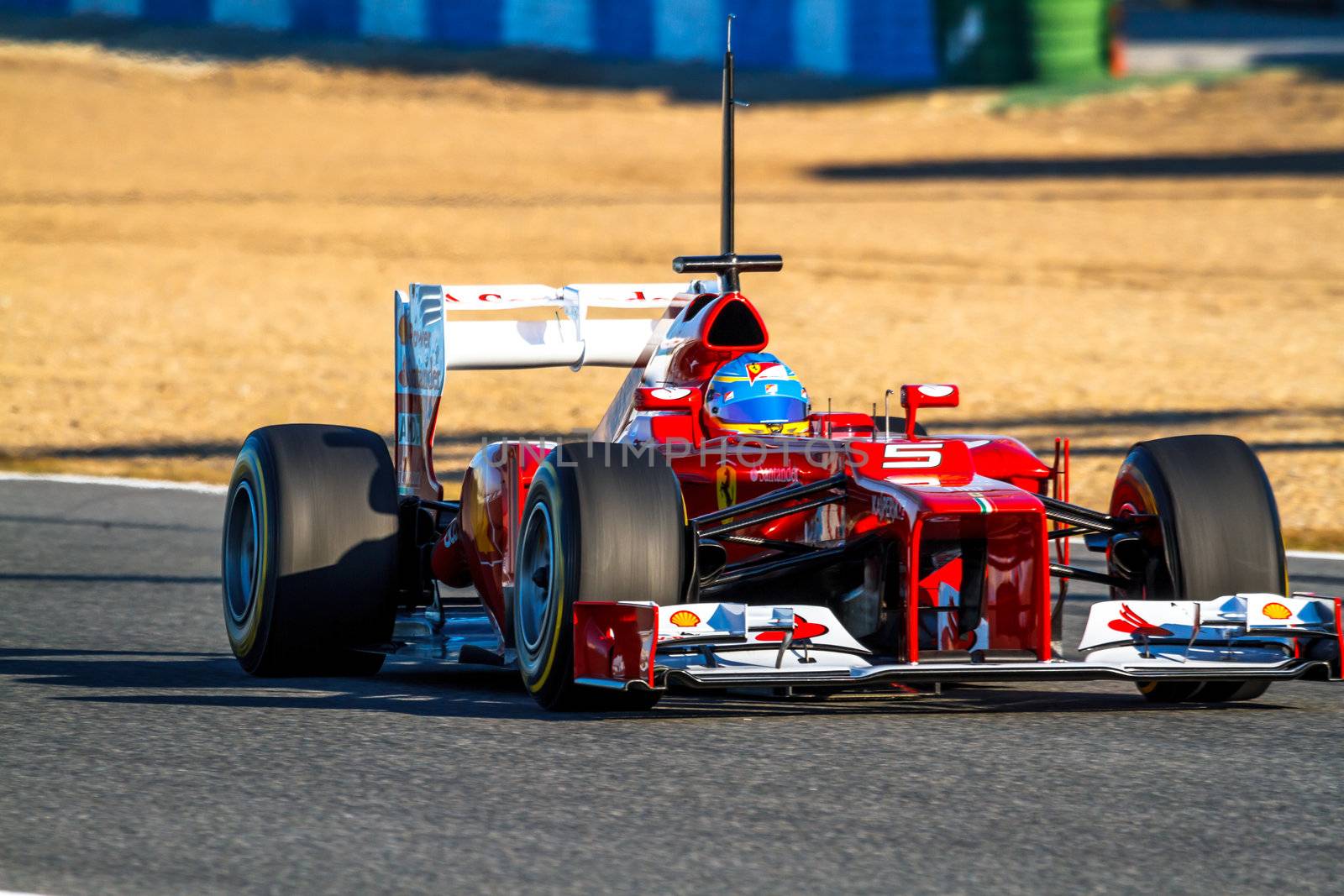 JEREZ DE LA FRONTERA, SPAIN - FEB 10: Fernando Alonso of Scuderia Ferrari F1 races on training session on February 10 , 2012, in Jerez de la Frontera , Spain