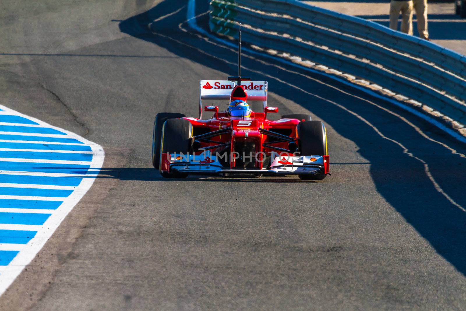 JEREZ DE LA FRONTERA, SPAIN - FEB 10: Fernando Alonso of Scuderia Ferrari F1 leaving the pit on training session on February 10 , 2012, in Jerez de la Frontera , Spain