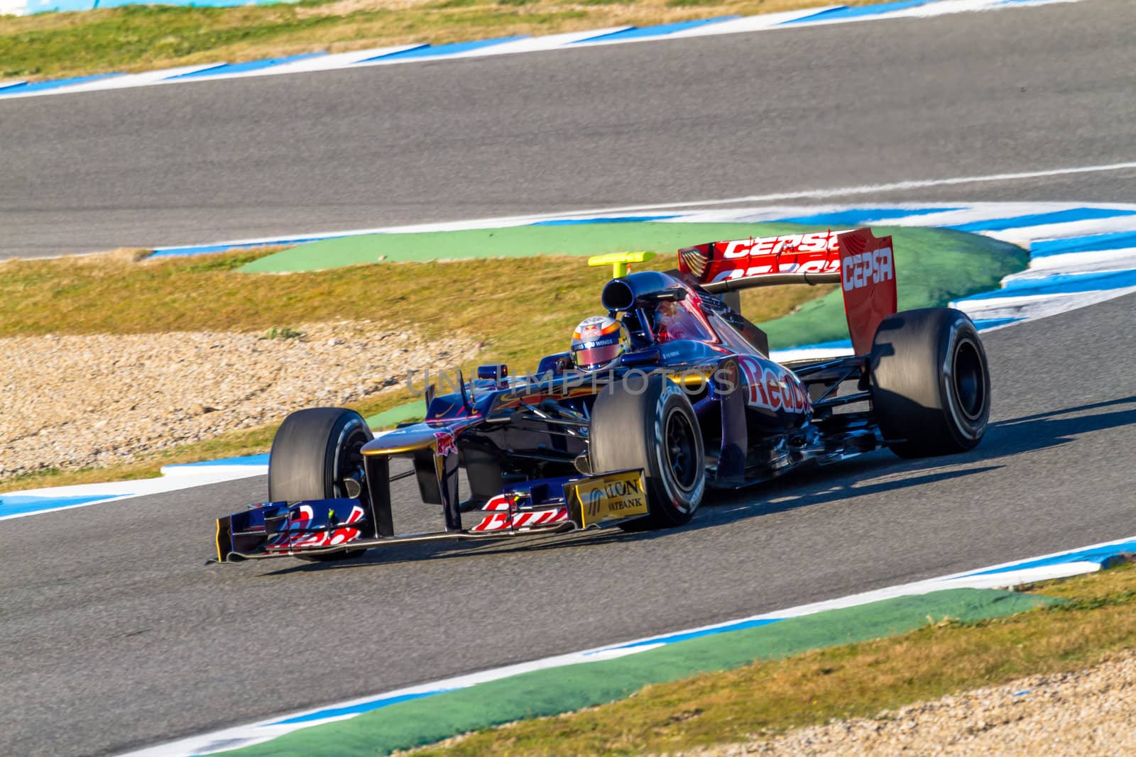 JEREZ DE LA FRONTERA, SPAIN - FEB 10: Jean Eric Vergne of Toro Rosso F1 races on training session on February 10 , 2012, in Jerez de la Frontera , Spain