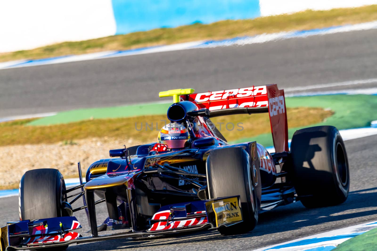 JEREZ DE LA FRONTERA, SPAIN - FEB 10: Jean Eric Vergne of Toro Rosso F1 races on training session on February 10 , 2012, in Jerez de la Frontera , Spain
