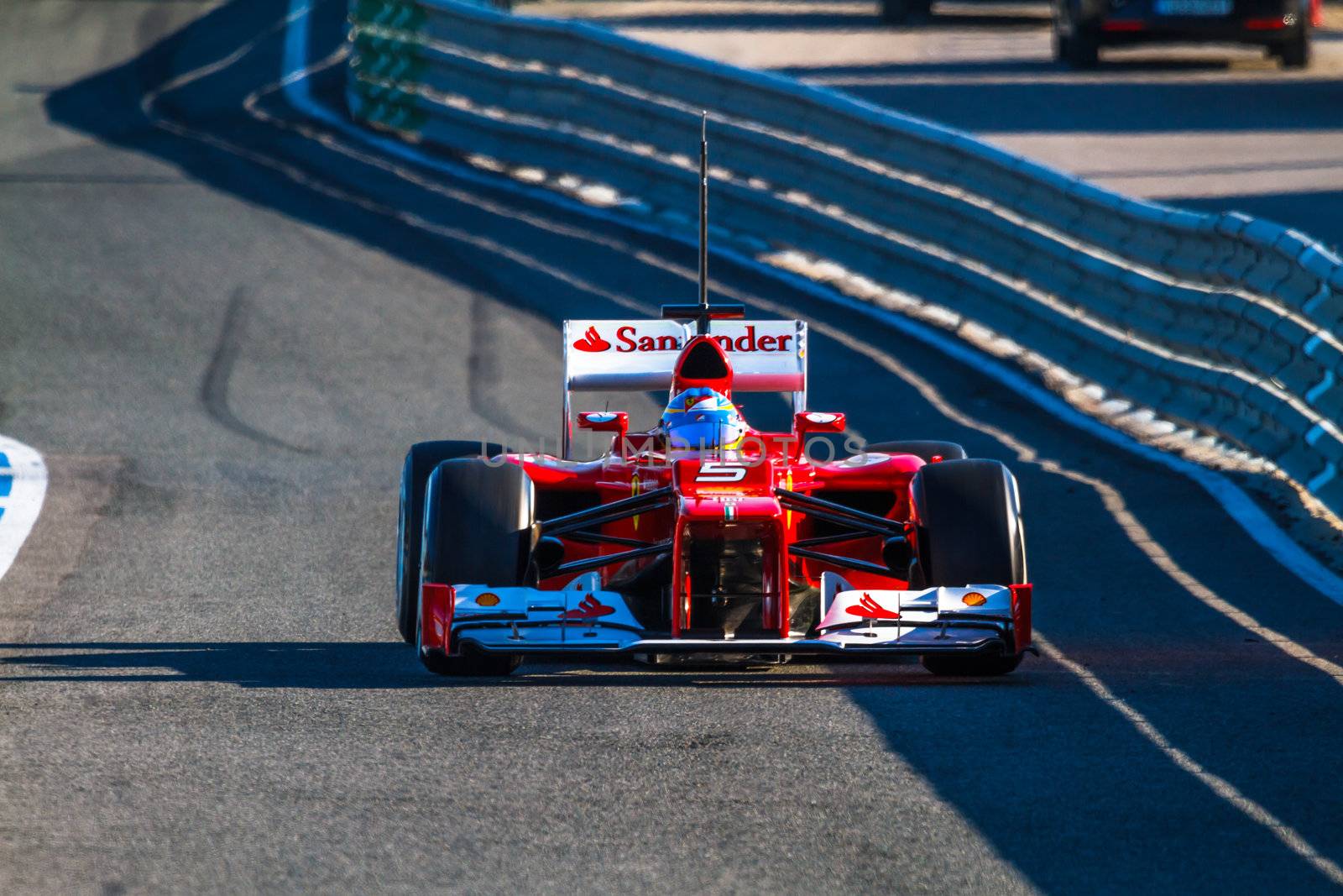 JEREZ DE LA FRONTERA, SPAIN - FEB 10: Fernando Alonso of Scuderia Ferrari F1 leaving the pit on training session on February 10 , 2012, in Jerez de la Frontera , Spain