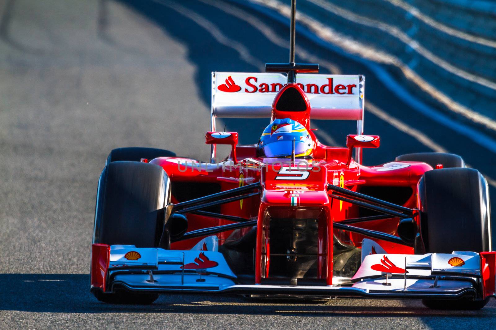 JEREZ DE LA FRONTERA, SPAIN - FEB 10: Fernando Alonso of Scuderia Ferrari F1 leaving the pit on training session on February 10 , 2012, in Jerez de la Frontera , Spain