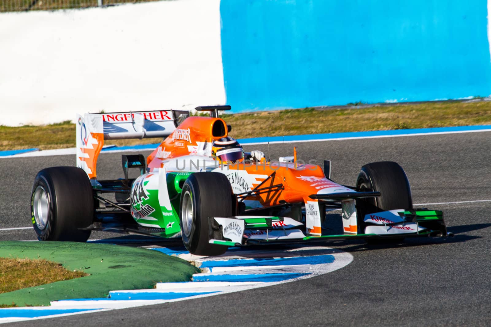 JEREZ DE LA FRONTERA, SPAIN - FEB 10: Nico Hülkenberg of Force India F1 races on training session on February 10 , 2012, in Jerez de la Frontera , Spain