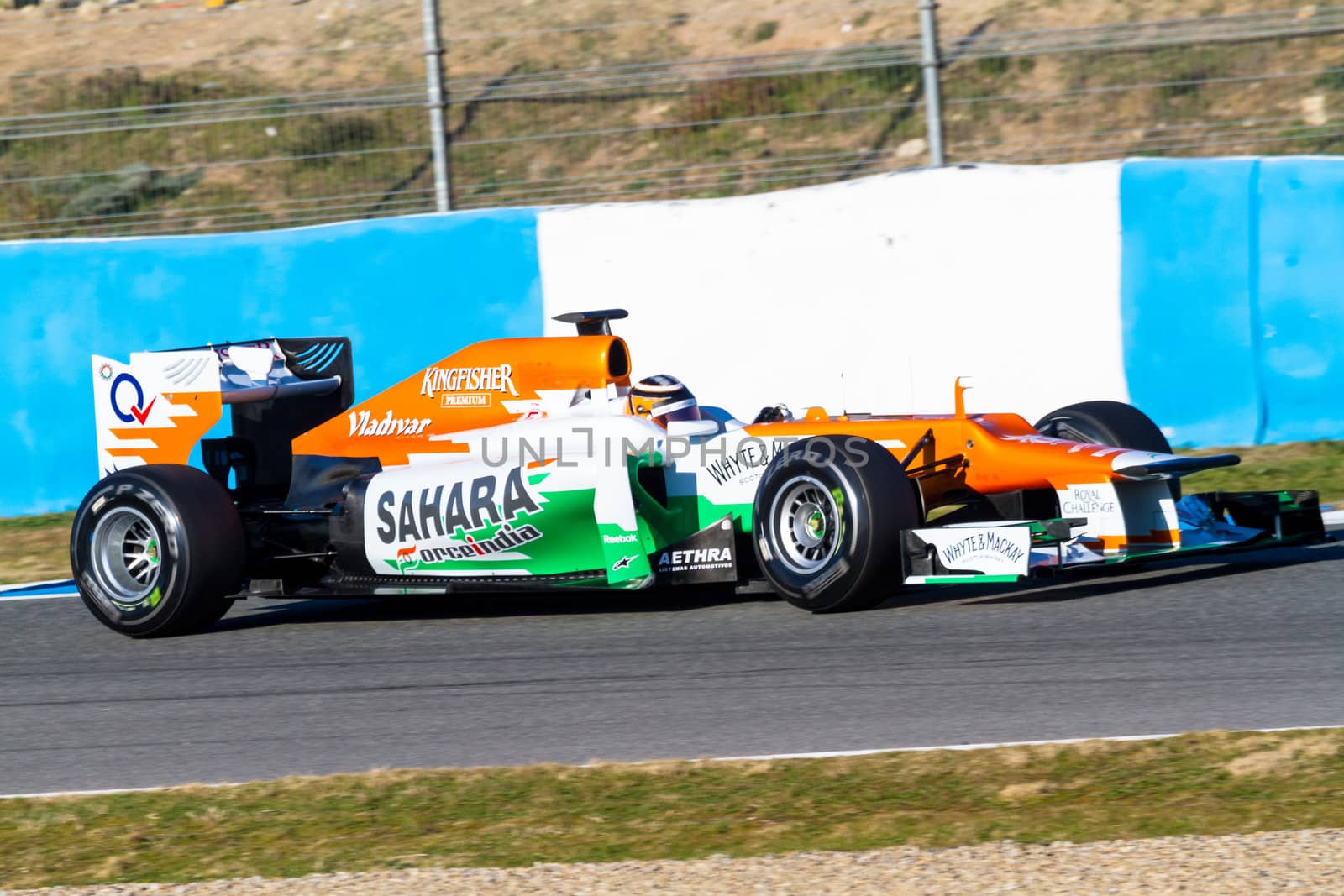 JEREZ DE LA FRONTERA, SPAIN - FEB 10: Nico Hülkenberg of Force India F1 races on training session on February 10 , 2012, in Jerez de la Frontera , Spain