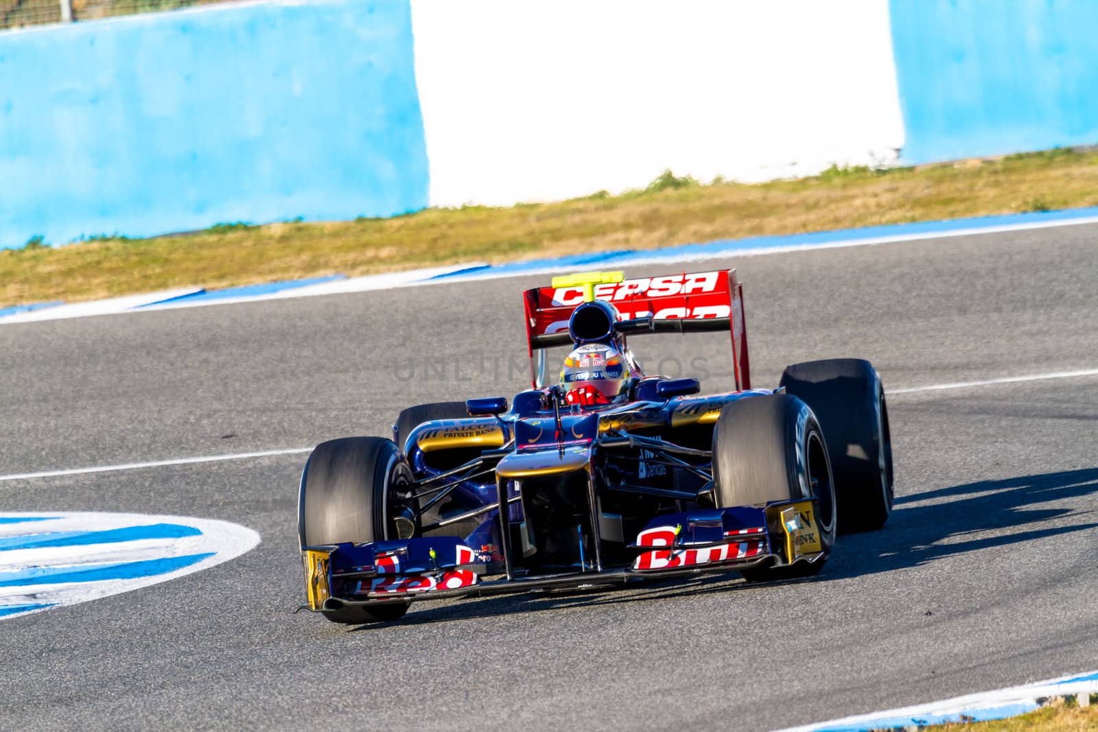 JEREZ DE LA FRONTERA, SPAIN - FEB 10: Jean Eric Vergne of Toro Rosso F1 races on training session on February 10 , 2012, in Jerez de la Frontera , Spain