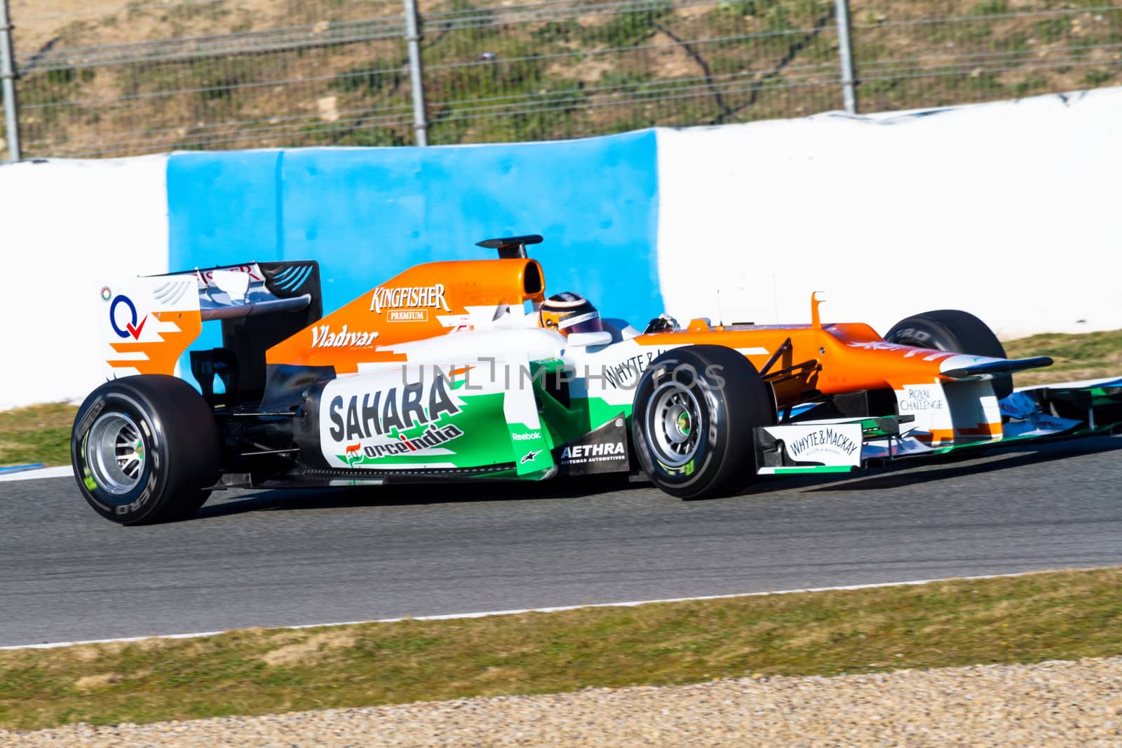 JEREZ DE LA FRONTERA, SPAIN - FEB 10: Nico Hülkenberg of Force India F1 races on training session on February 10 , 2012, in Jerez de la Frontera , Spain