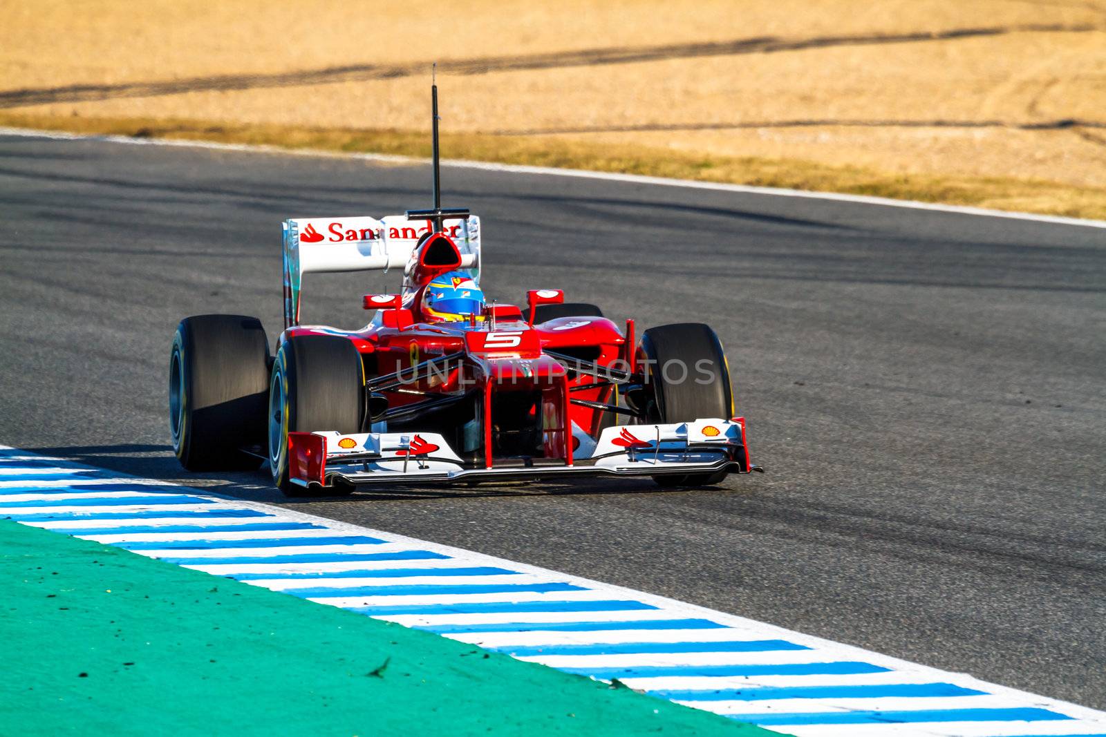 JEREZ DE LA FRONTERA, SPAIN - FEB 10: Fernando Alonso of Scuderia Ferrari F1 races on training session on February 10 , 2012, in Jerez de la Frontera , Spain