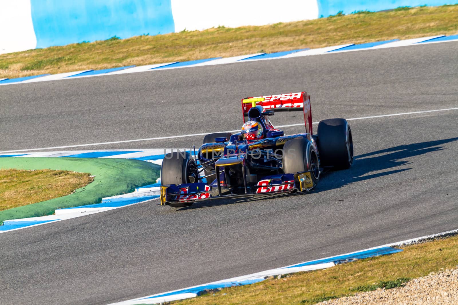JEREZ DE LA FRONTERA, SPAIN - FEB 10: Jean Eric Vergne of Toro Rosso F1 races on training session on February 10 , 2012, in Jerez de la Frontera , Spain
