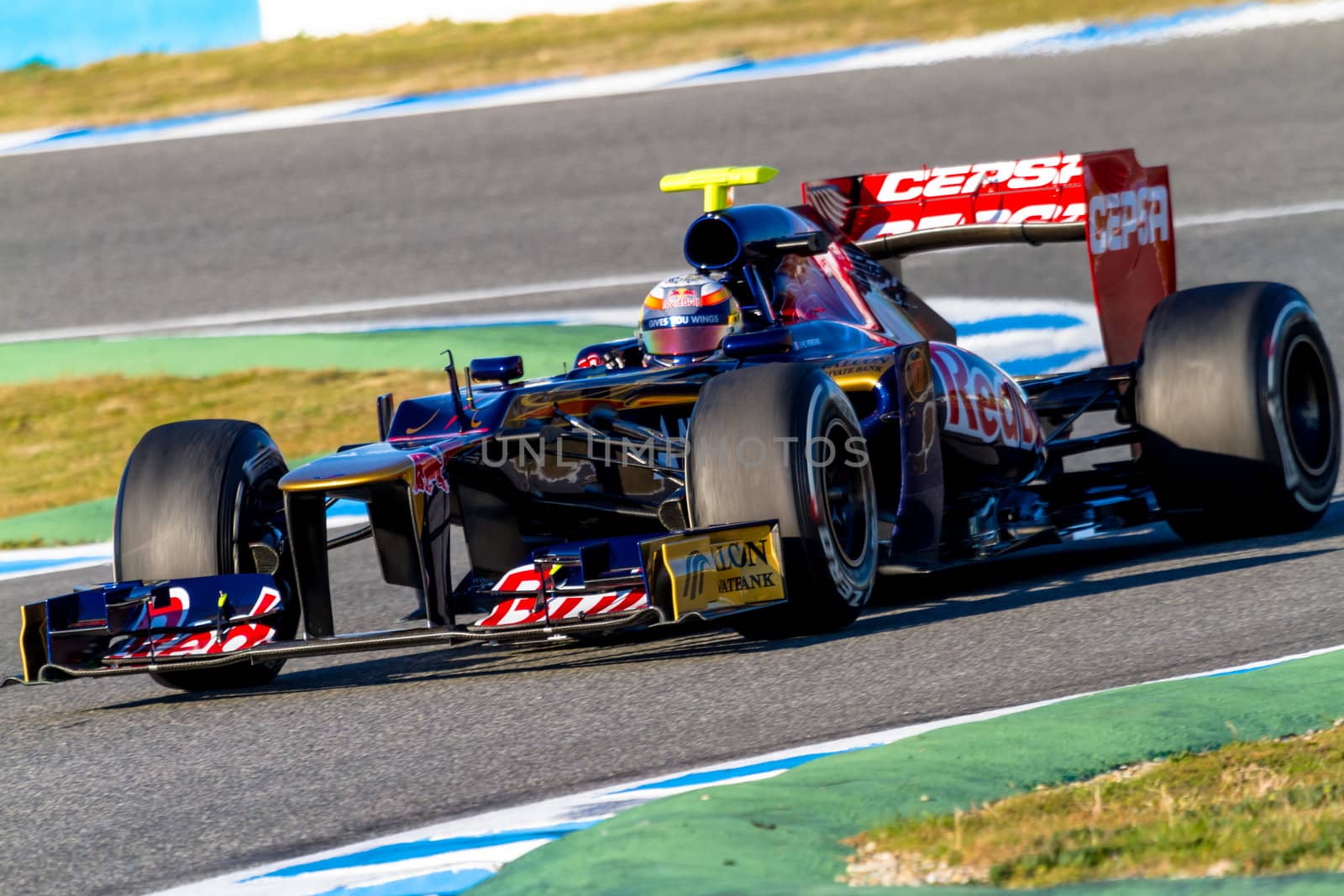 JEREZ DE LA FRONTERA, SPAIN - FEB 10: Jean Eric Vergne of Toro Rosso F1 races on training session on February 10 , 2012, in Jerez de la Frontera , Spain