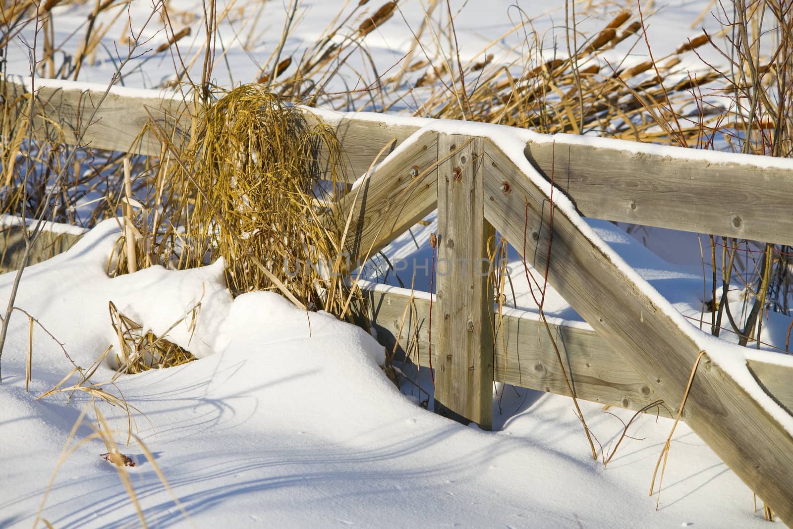 A wooden fence covered with snow