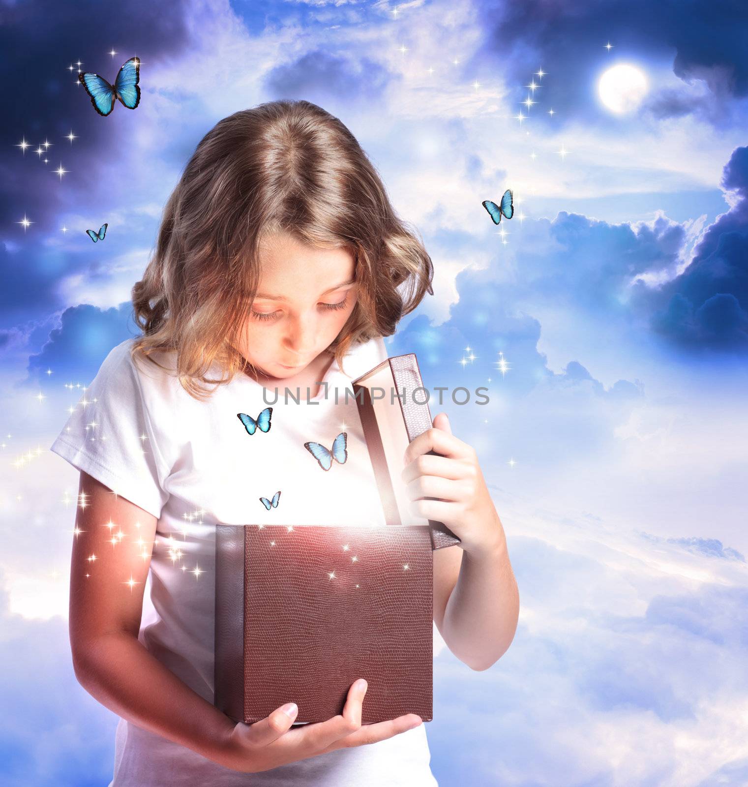 Girl Opening a Box with Blue Butterflies by melpomene