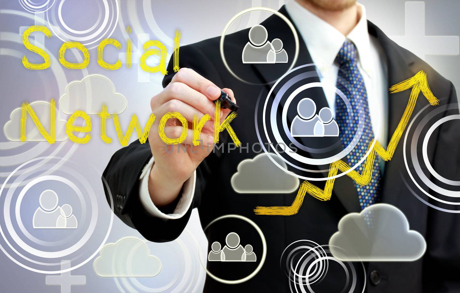Businessman drawing social network with rising arrows