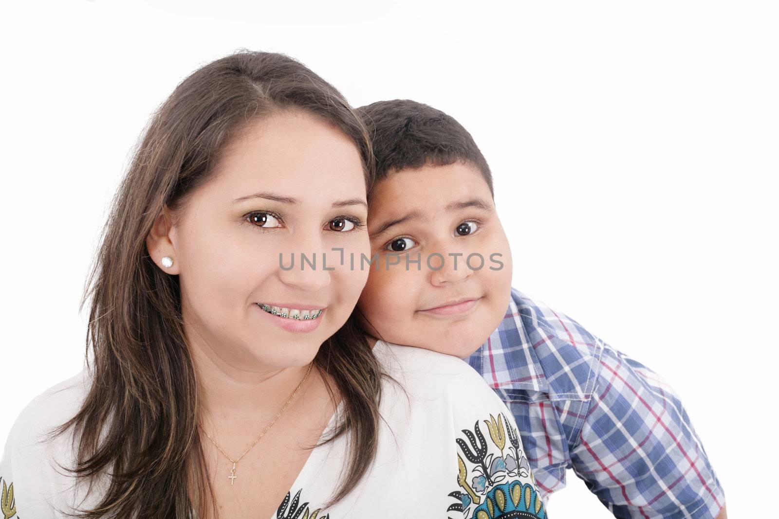 Happy mother with orthodontics and son - isolated over a white b by dacasdo