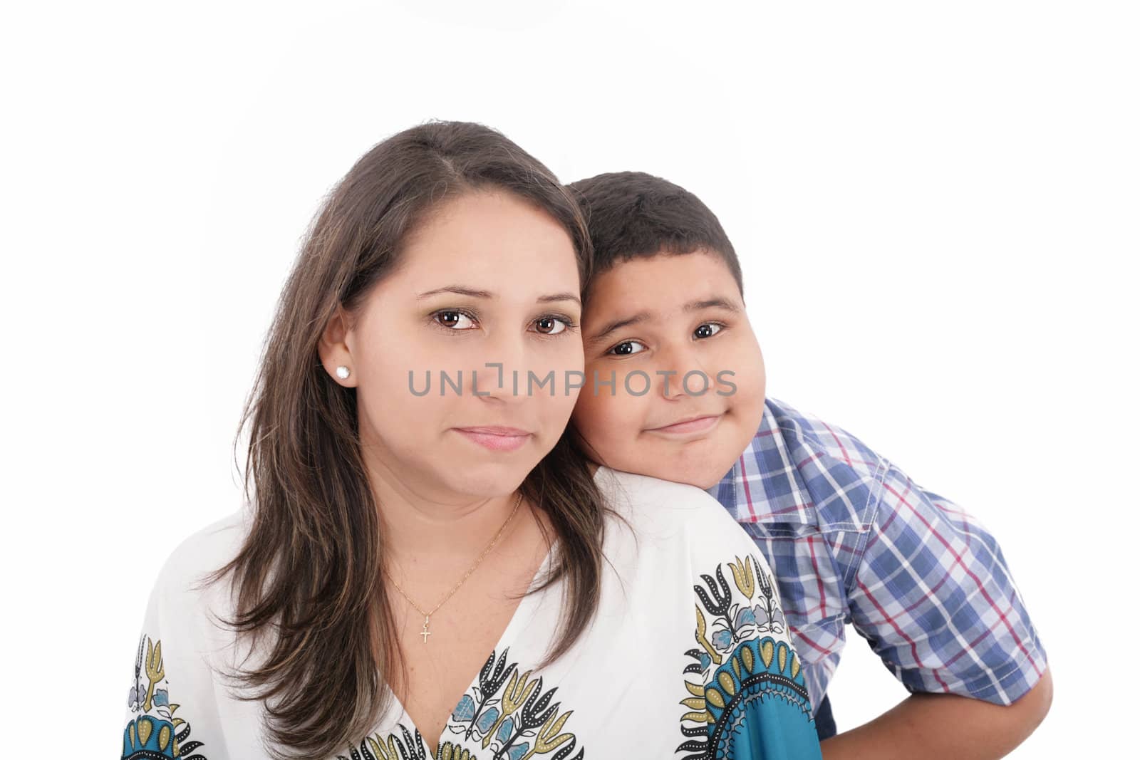 Portrait of mother and child, isolated on white