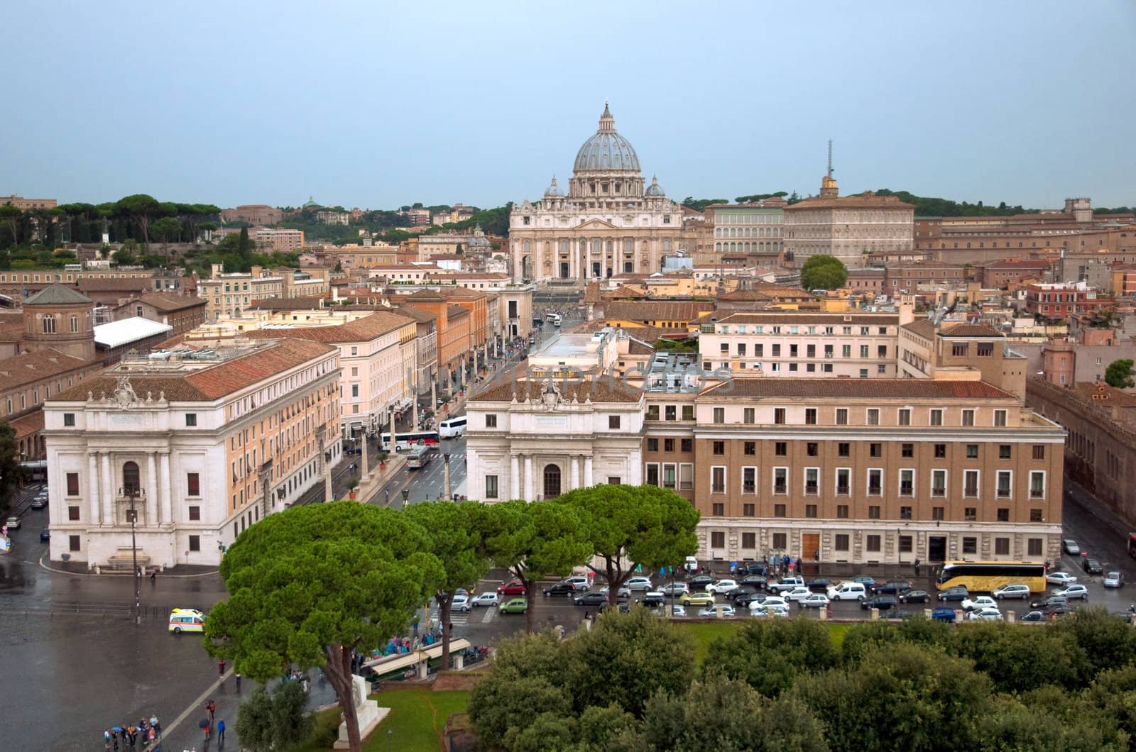 St Peter basilica and Vatican city on a rainy day from saint agel castle - Italy