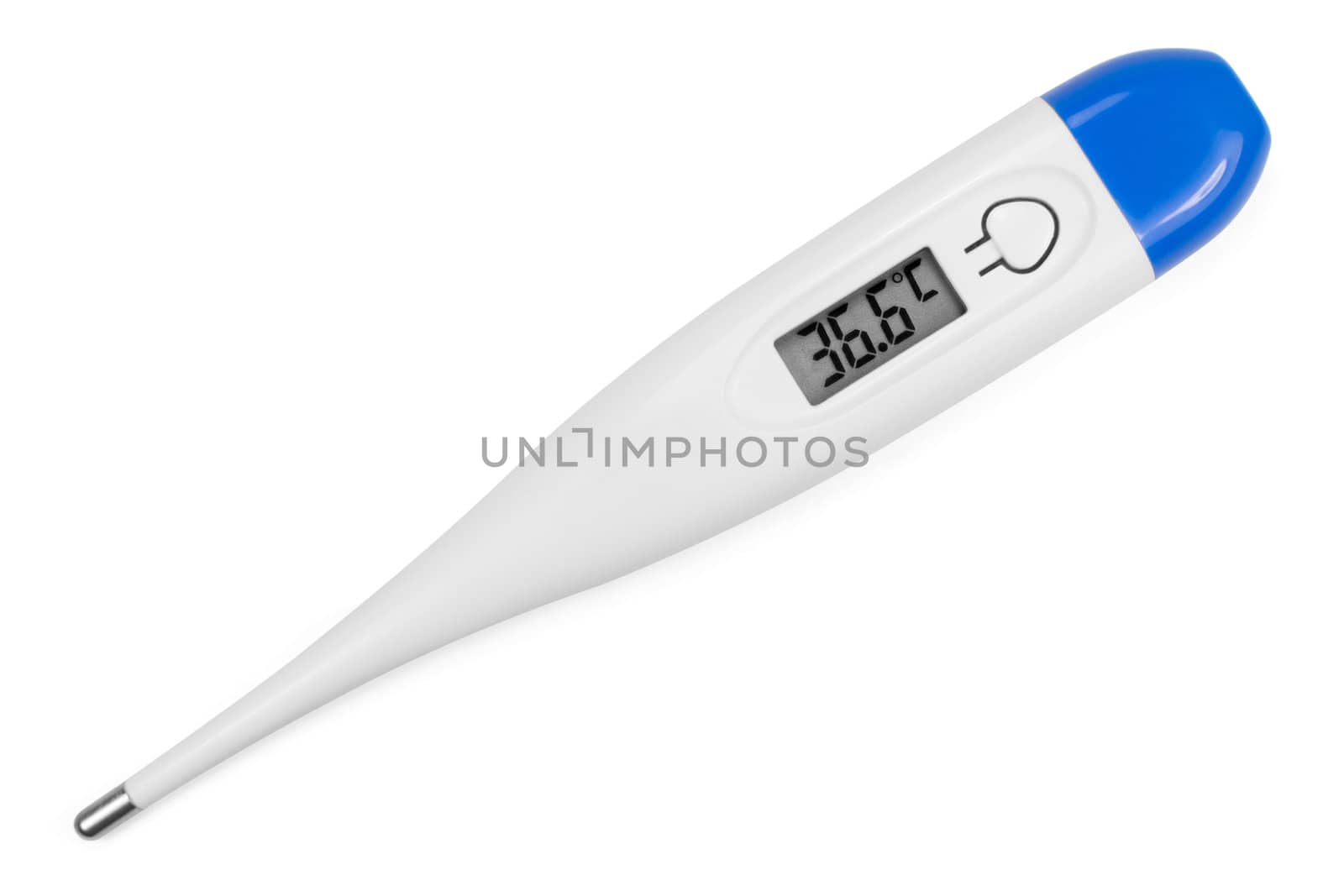 Electronic body thermometer displaying healthy human body temperature 36.6 grades C (Celsius). by only4denn