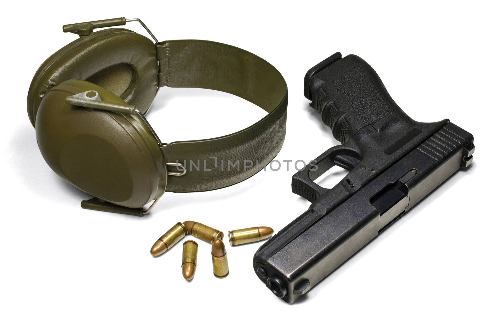 Isolated on white background. 3 separate clipping paths: pistol, earmuffs, ammo and 1 complete for all objects.