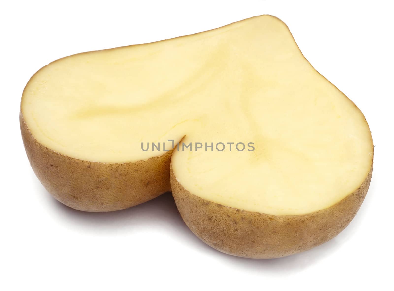 Heart shaped Potato cutted in half. White background.