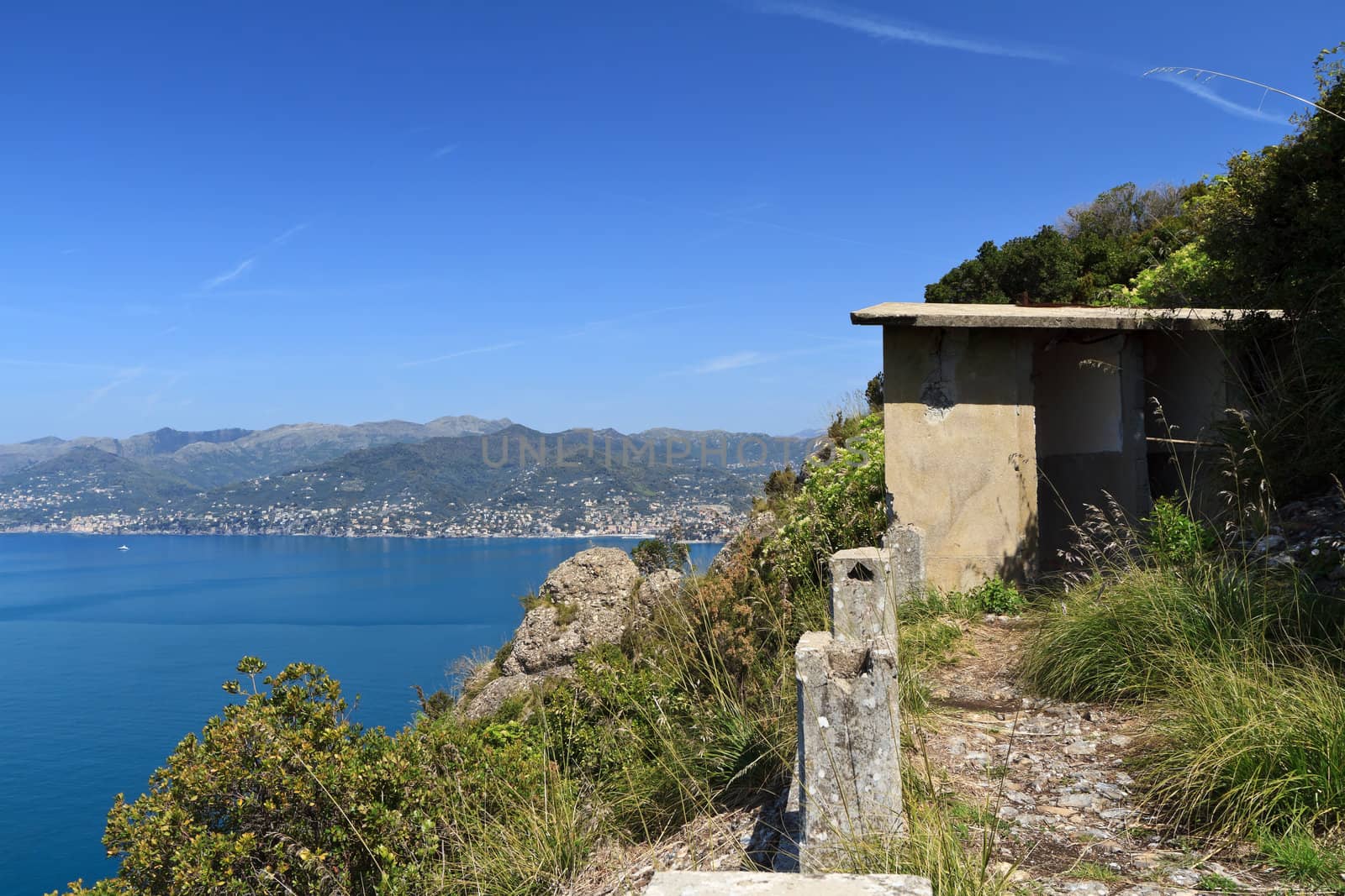 second world war ruins over Mediterranean sea, Liguria, Italy