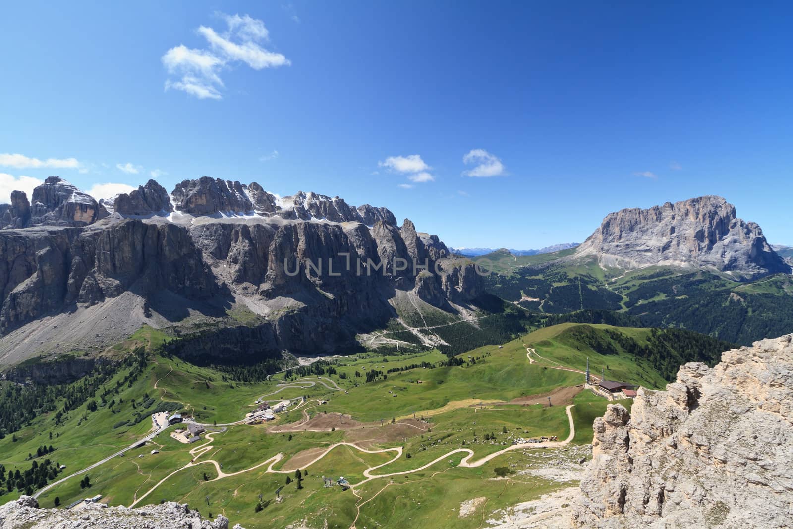 aerial view of Gardena pass and Sella goup and Sassolungo mount, Italian Dolomites