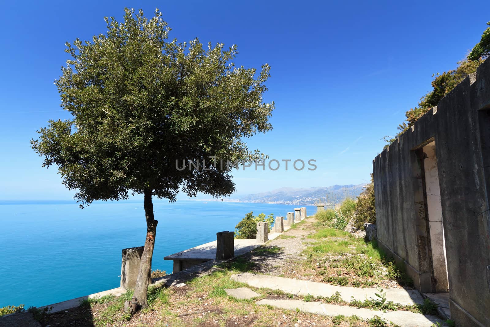 second world war ruins over Mediterranean sea, Liguria, Italy