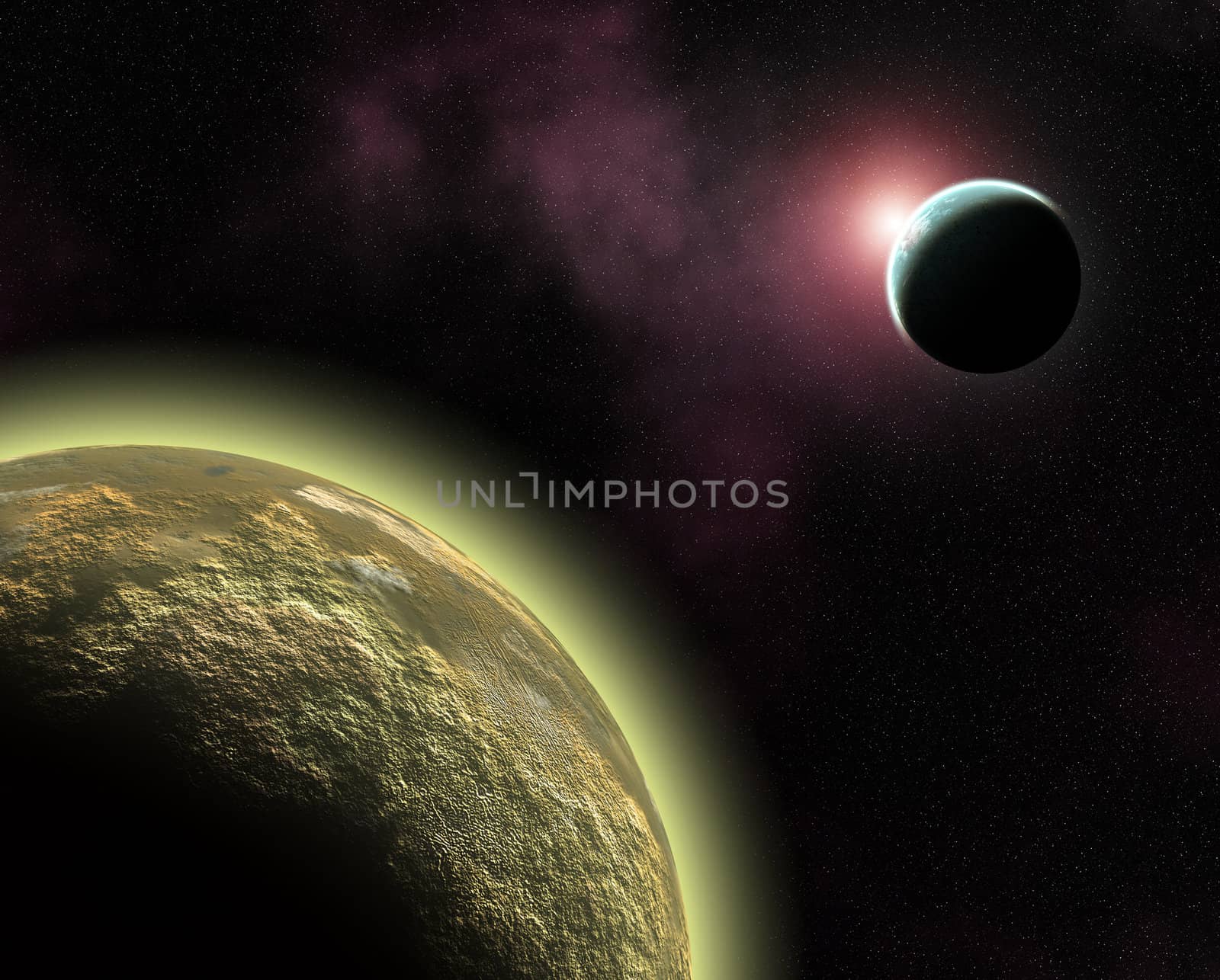 fantasy illustration with sunrise over alien planets