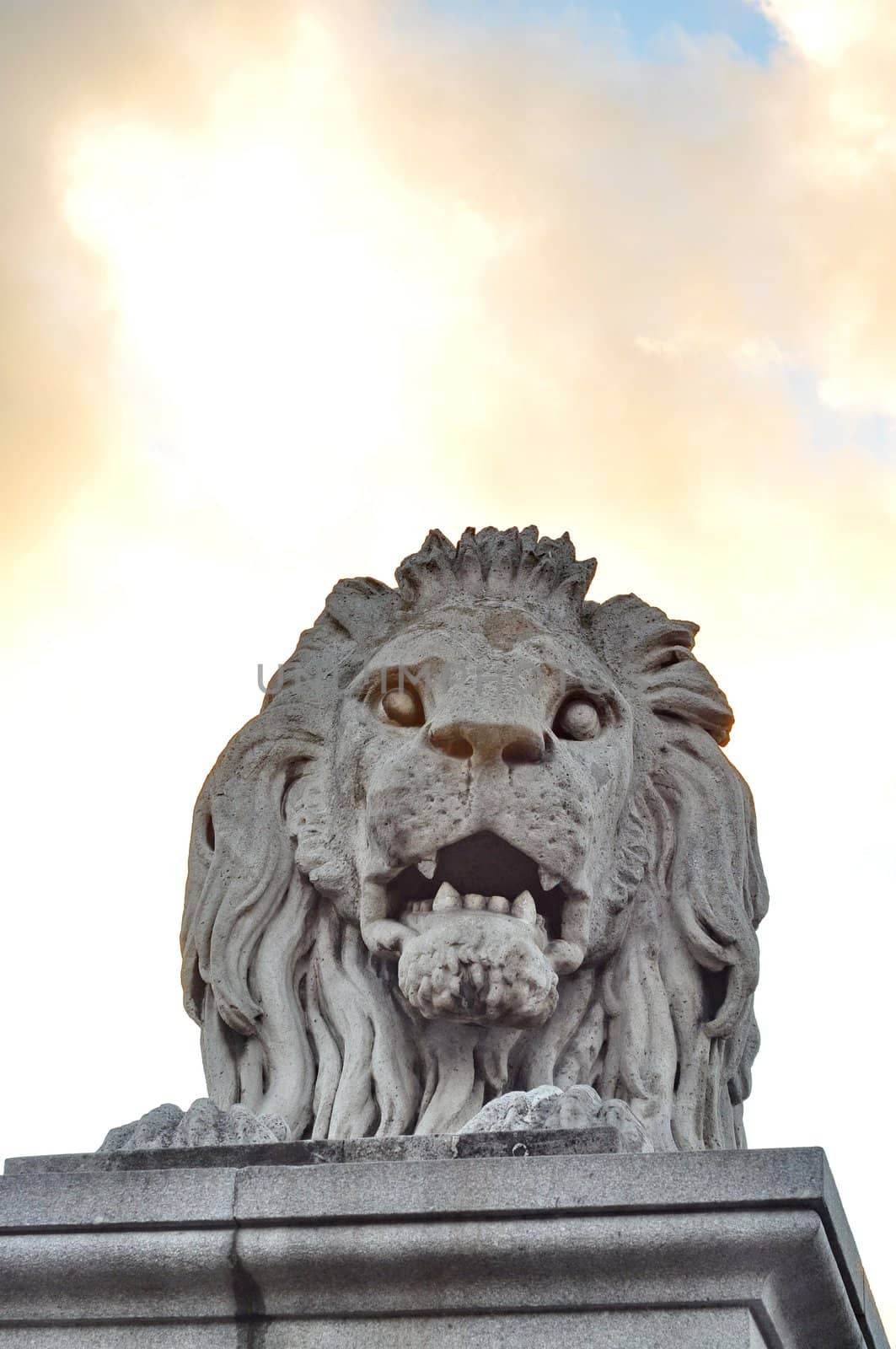 Guardian lion of the famous Chain Bridge of Budapest
