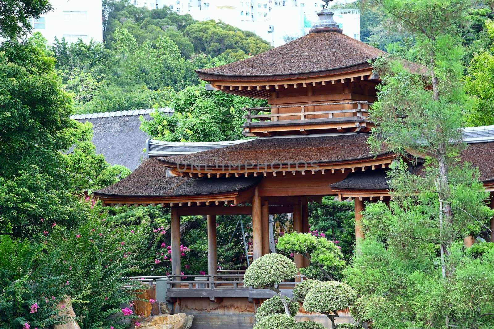 Pavilion and green trees at day