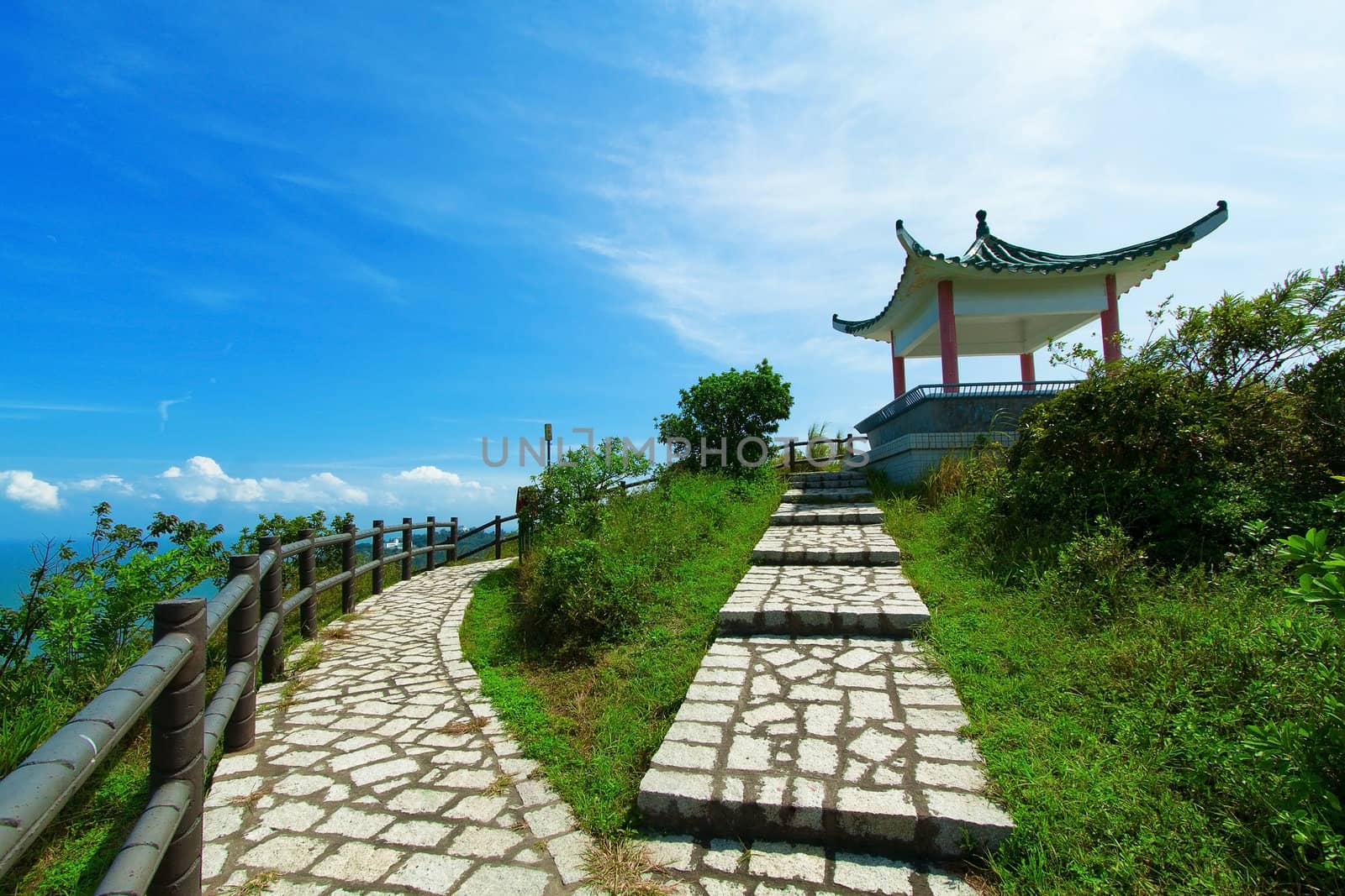 Hiking trail and pavilion in mountains 